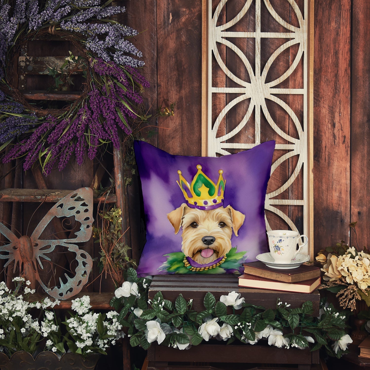 Wheaten Terrier King of Mardi Gras Decorative Throw Pillow 18x18 Indoor Outdoor Accent Cushion, Fabric Cover with Insert for Sofa, Bed, Porch & Living Room