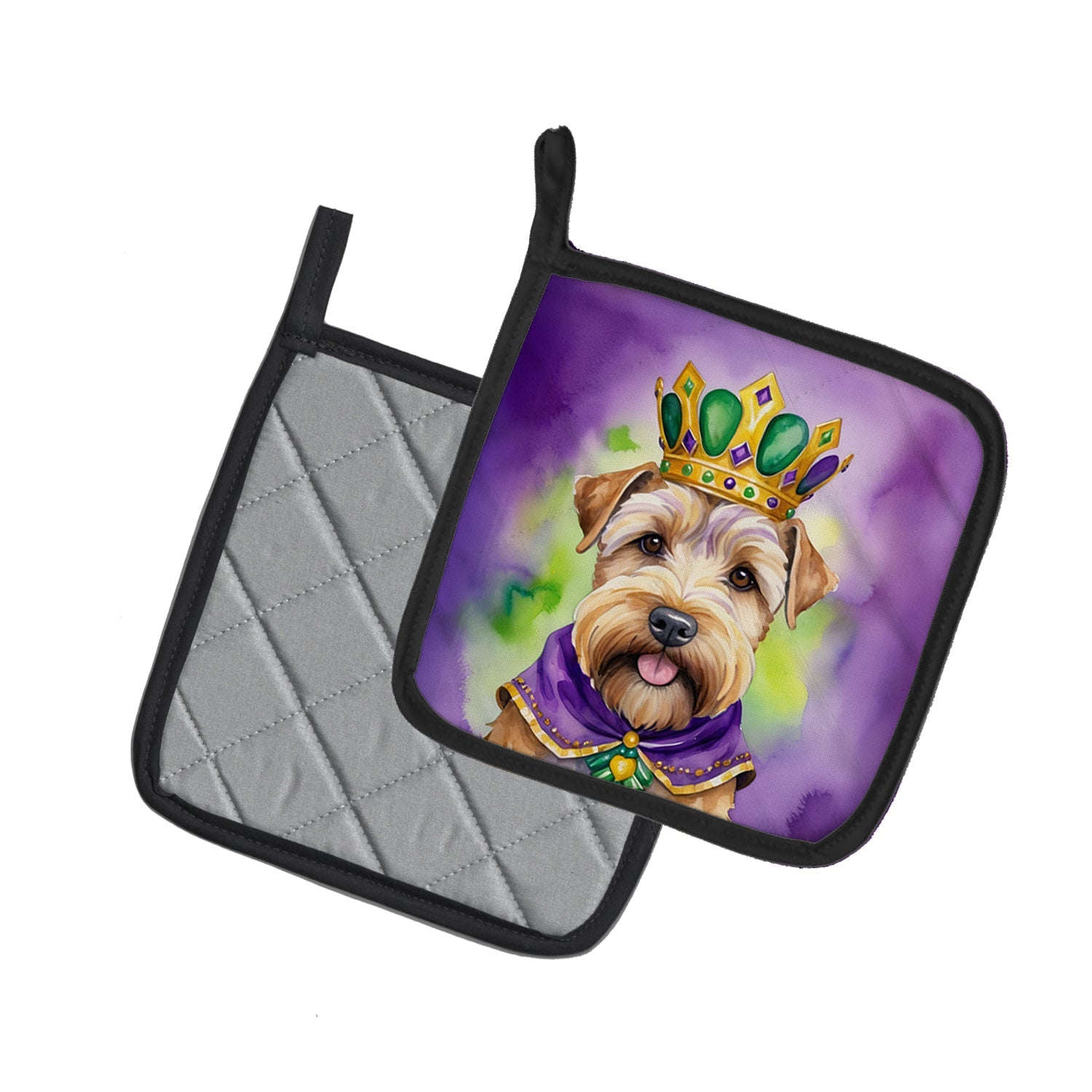 Wheaten Terrier King of Mardi Gras Pot Holder Set of 2 Heat Resistant Quilted Hot Pads 7.5 x 7.5 Inch, Insulated Kitchen Trivets for Cooking & Baking