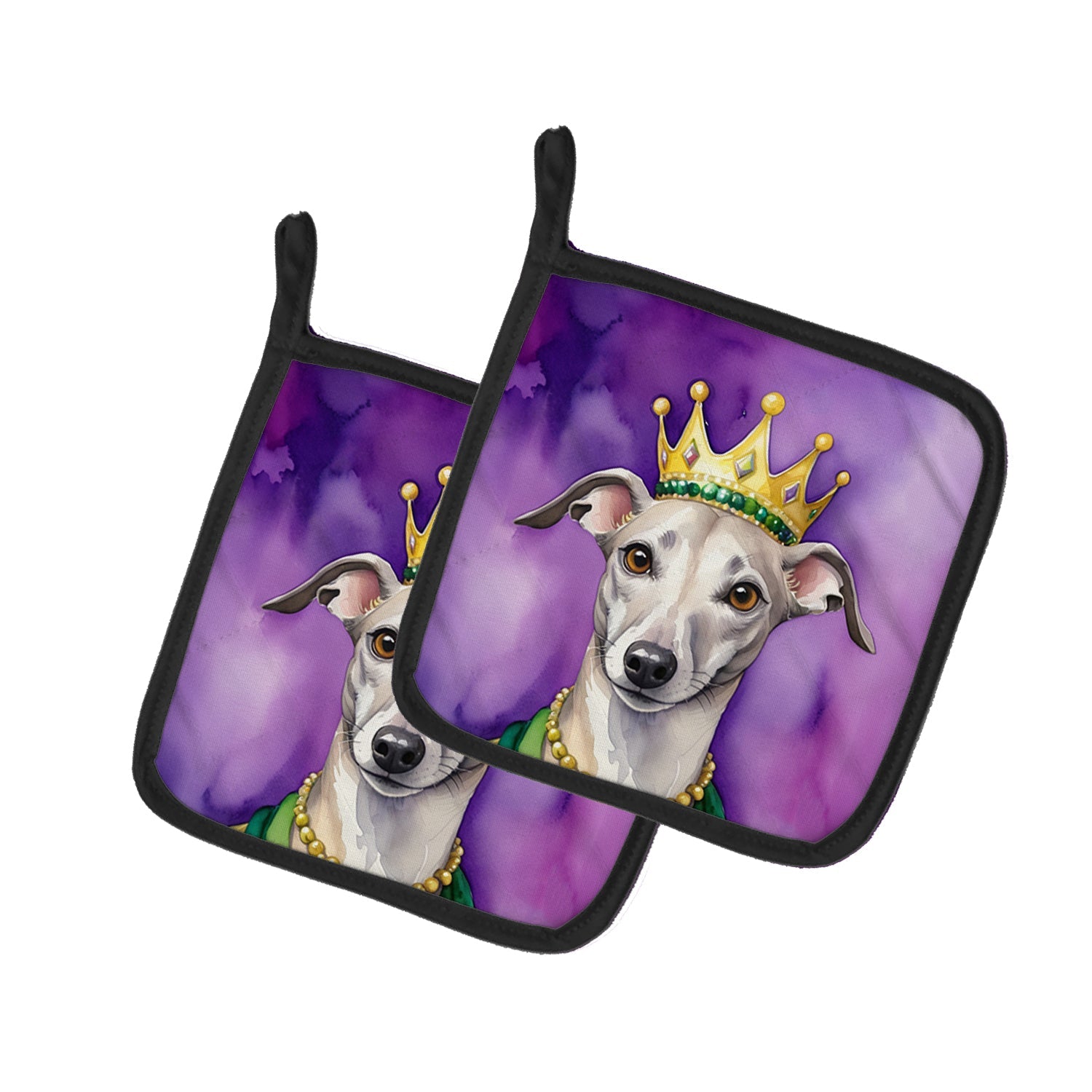 Whippet King of Mardi Gras Pot Holder Set of 2 Heat Resistant Quilted Hot Pads 7.5 x 7.5 Inch, Insulated Kitchen Trivets for Cooking & Baking