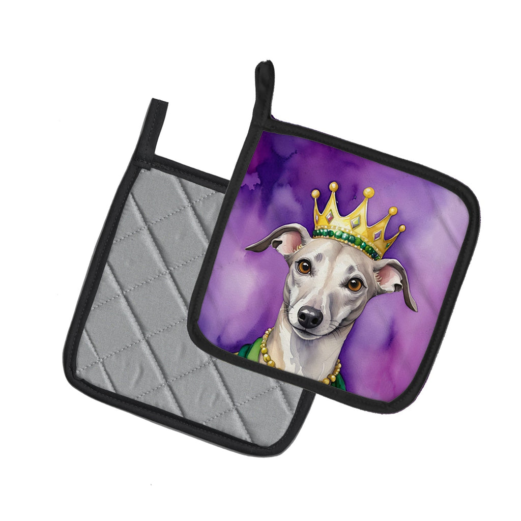 Whippet King of Mardi Gras Pot Holder Set of 2 Heat Resistant Quilted Hot Pads 7.5 x 7.5 Inch, Insulated Kitchen Trivets for Cooking & Baking
