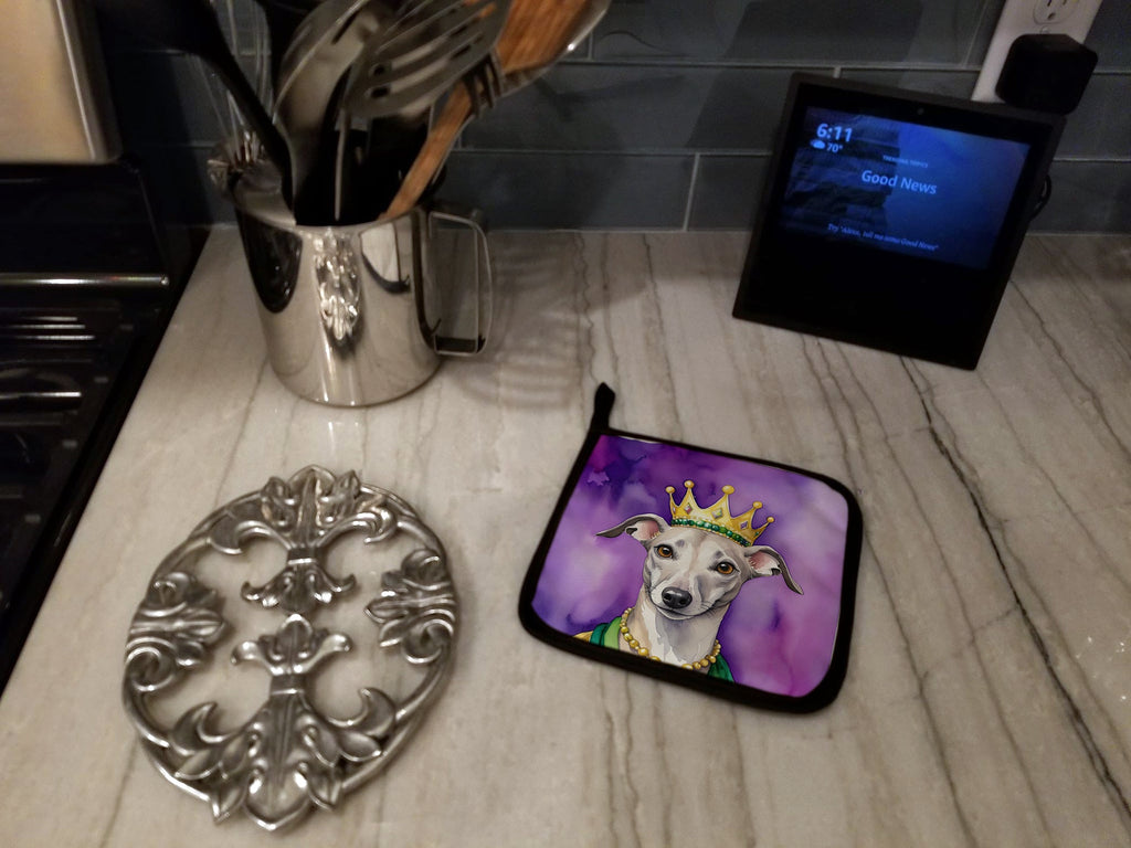 Whippet King of Mardi Gras Pot Holder Set of 2 Heat Resistant Quilted Hot Pads 7.5 x 7.5 Inch, Insulated Kitchen Trivets for Cooking & Baking