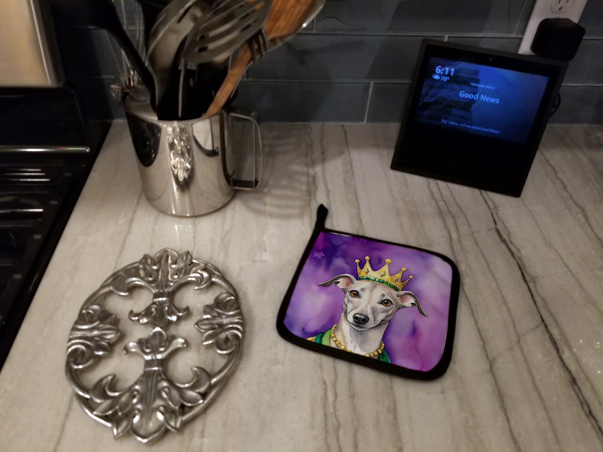 Whippet King of Mardi Gras Pot Holder Set of 2 Heat Resistant Quilted Hot Pads 7.5 x 7.5 Inch, Insulated Kitchen Trivets for Cooking & Baking