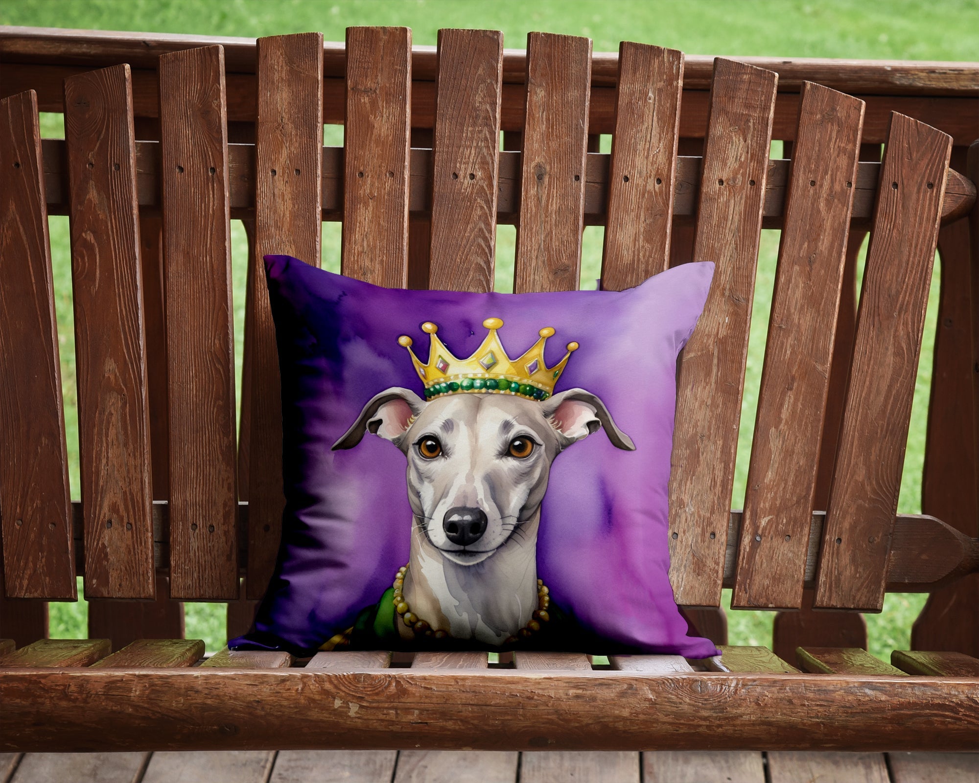 Whippet King of Mardi Gras Decorative Throw Pillow 14x14 Indoor Outdoor Accent Cushion, Fabric Cover with Insert for Sofa, Bed, Porch & Living Room