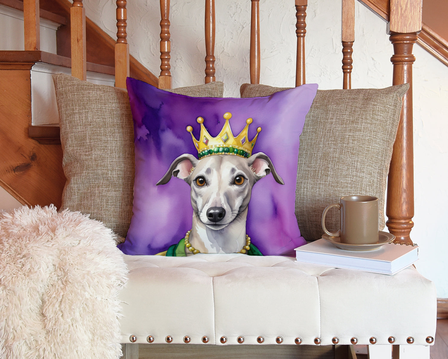 Whippet King of Mardi Gras Decorative Throw Pillow 14x14 Indoor Outdoor Accent Cushion, Fabric Cover with Insert for Sofa, Bed, Porch & Living Room