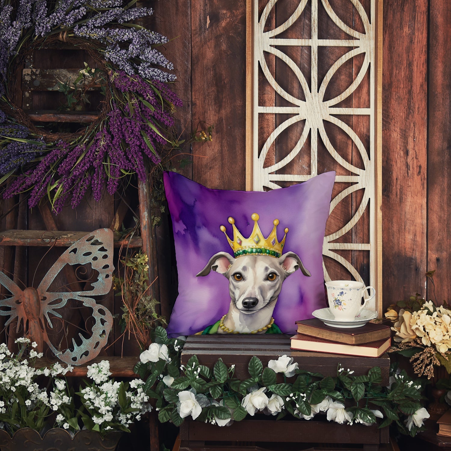 Whippet King of Mardi Gras Decorative Throw Pillow 14x14 Indoor Outdoor Accent Cushion, Fabric Cover with Insert for Sofa, Bed, Porch & Living Room