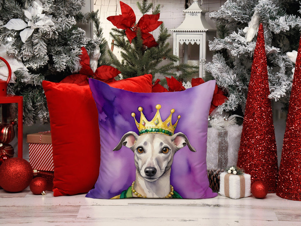 Whippet King of Mardi Gras Decorative Throw Pillow 14x14 Indoor Outdoor Accent Cushion, Fabric Cover with Insert for Sofa, Bed, Porch & Living Room