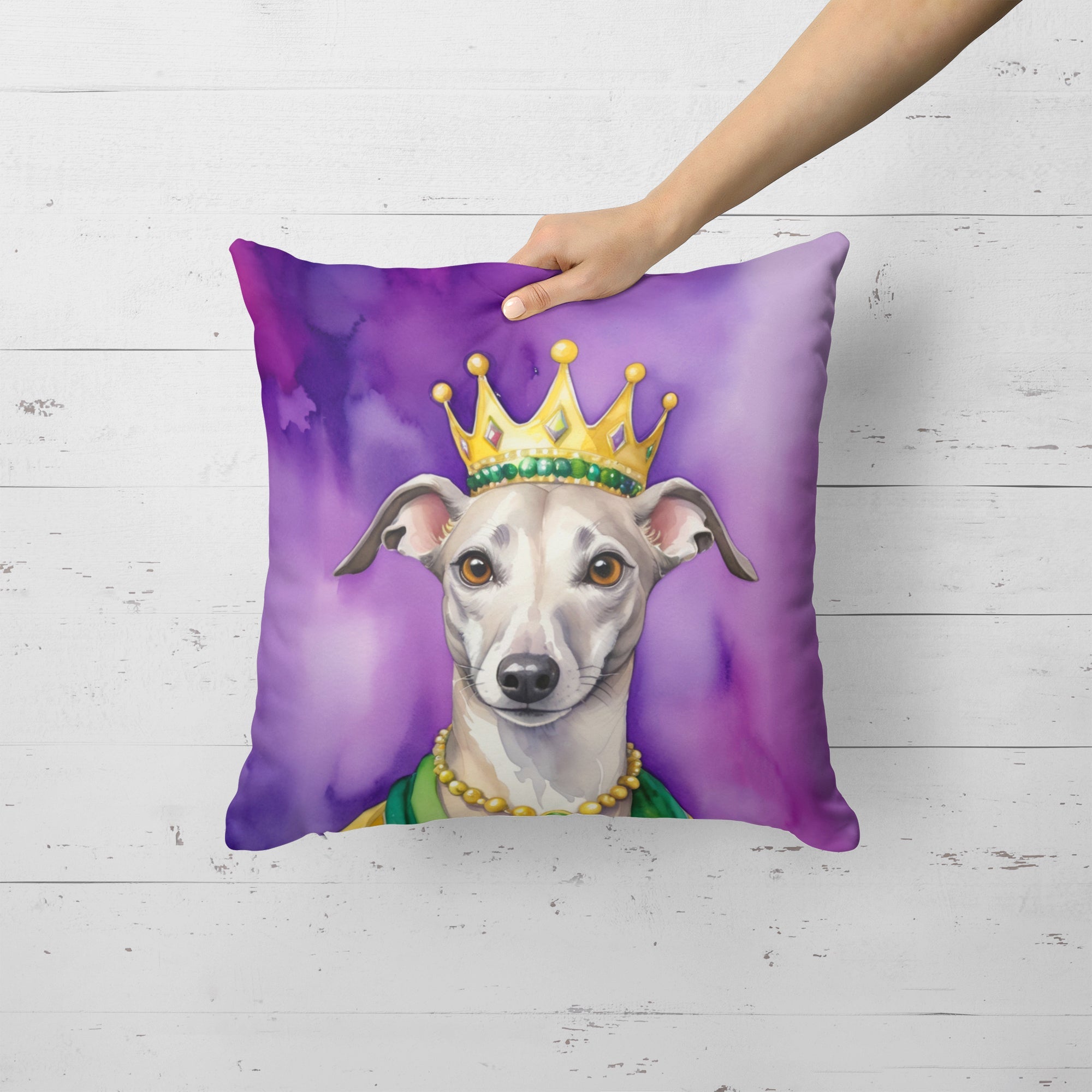 Whippet King of Mardi Gras Decorative Throw Pillow 18x18 Indoor Outdoor Accent Cushion, Fabric Cover with Insert for Sofa, Bed, Porch & Living Room