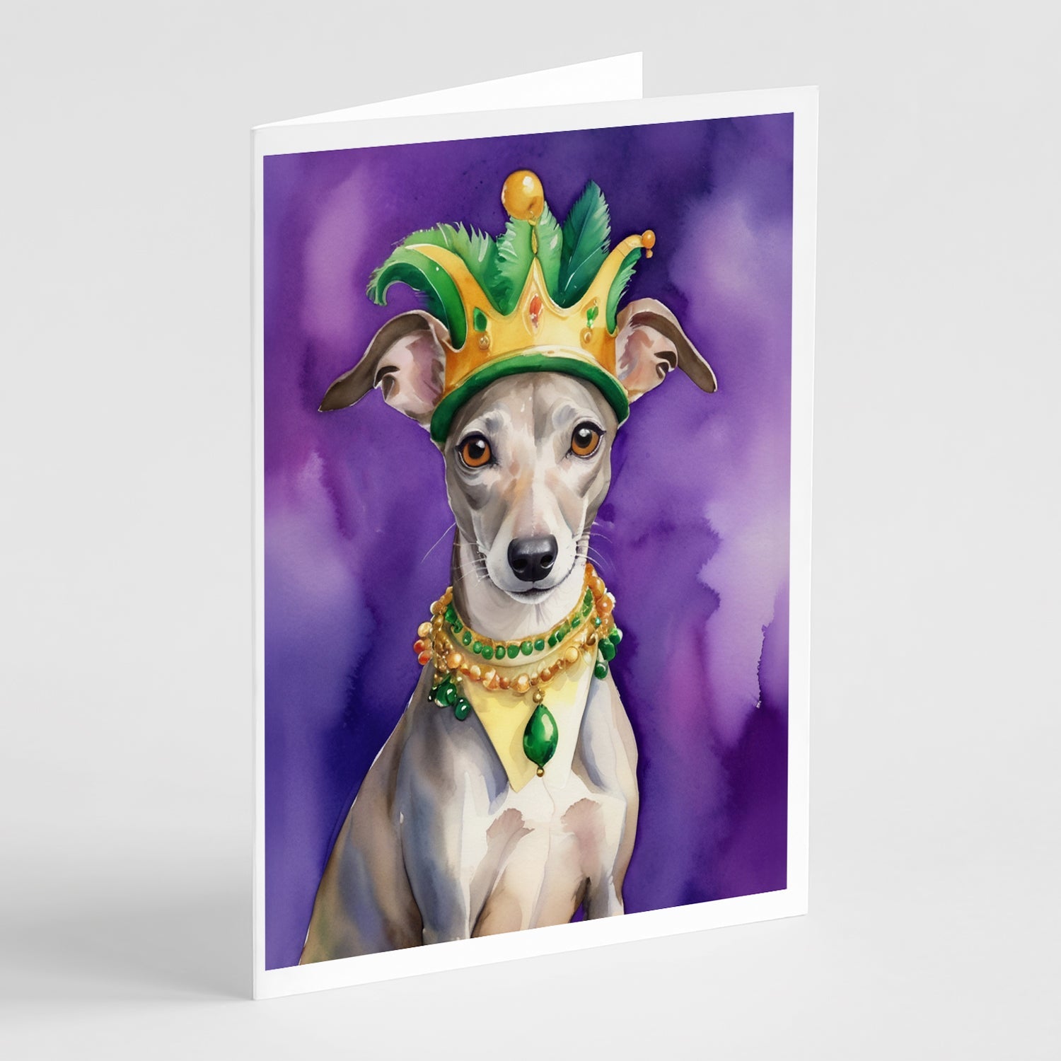 Whippet King of Mardi Gras Greeting Cards Pack of 8 Blank Cards with Envelopes Whimsical A7 Size 5x7