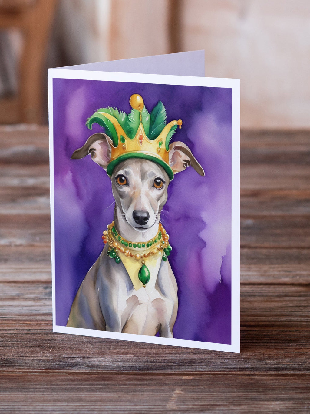 Whippet King of Mardi Gras Greeting Cards Pack of 8 Blank Cards with Envelopes Whimsical A7 Size 5x7