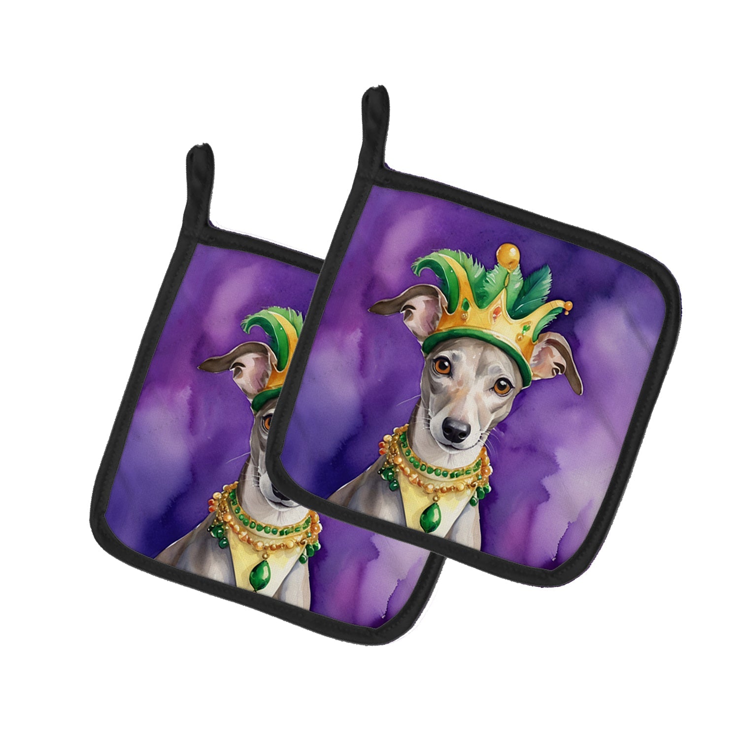 Whippet King of Mardi Gras Pot Holder Set of 2 Heat Resistant Quilted Hot Pads 7.5 x 7.5 Inch, Insulated Kitchen Trivets for Cooking & Baking