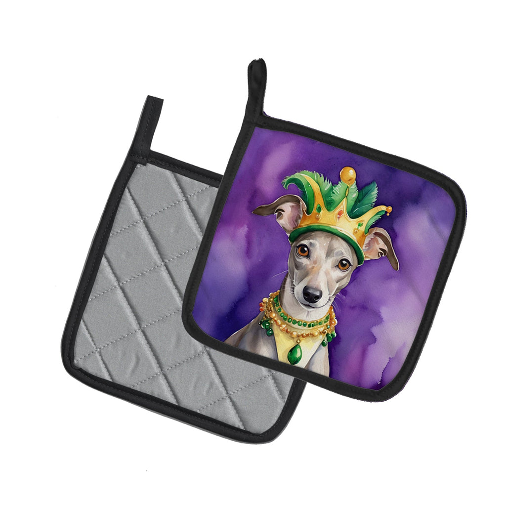 Whippet King of Mardi Gras Pot Holder Set of 2 Heat Resistant Quilted Hot Pads 7.5 x 7.5 Inch, Insulated Kitchen Trivets for Cooking & Baking