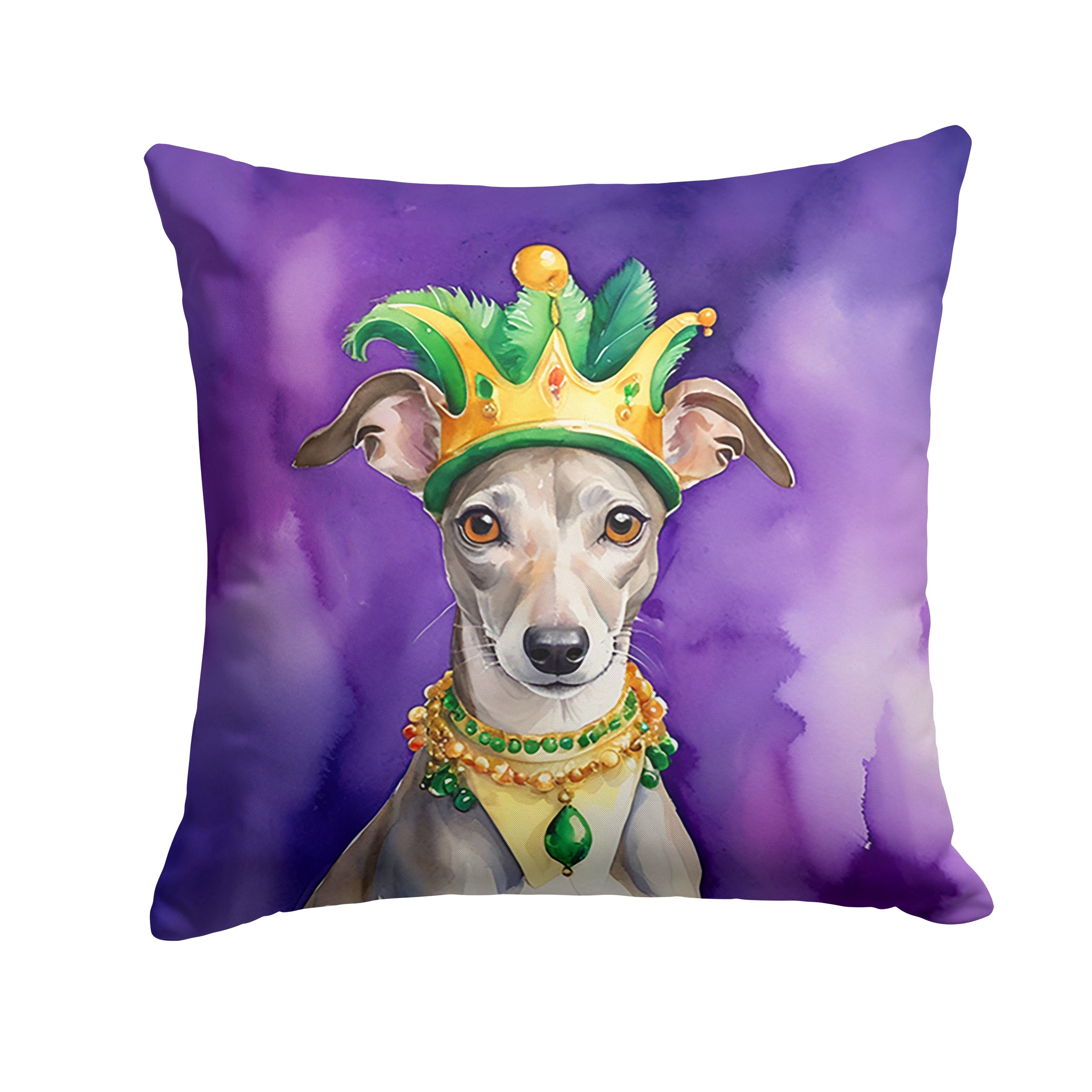 Whippet King of Mardi Gras Decorative Throw Pillow 14x14 Indoor Outdoor Accent Cushion, Fabric Cover with Insert for Sofa, Bed, Porch & Living Room