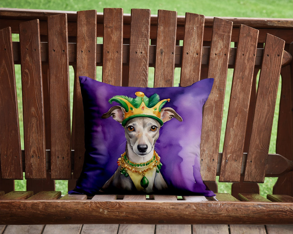 Whippet King of Mardi Gras Decorative Throw Pillow 14x14 Indoor Outdoor Accent Cushion, Fabric Cover with Insert for Sofa, Bed, Porch & Living Room