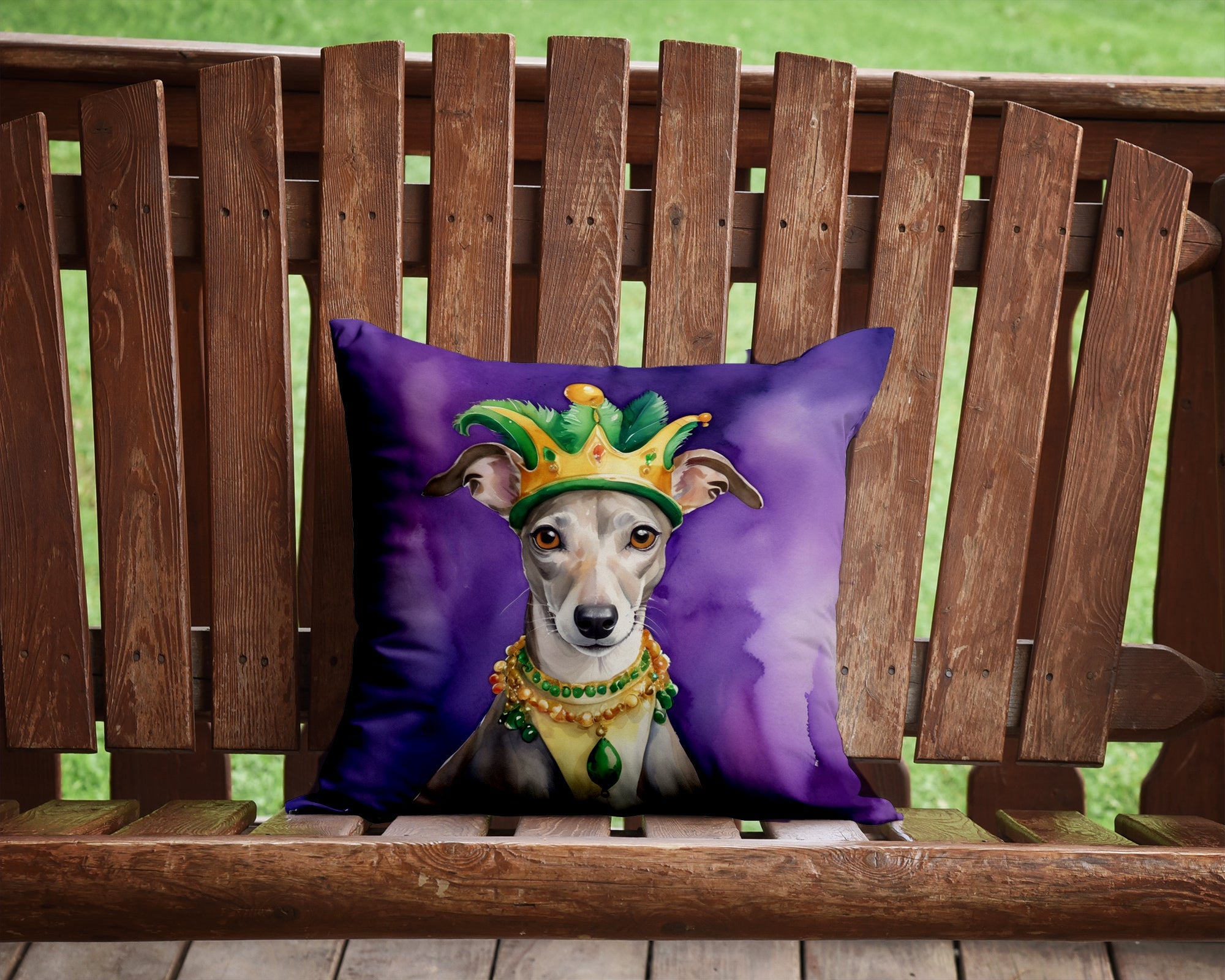 Whippet King of Mardi Gras Decorative Throw Pillow 14x14 Indoor Outdoor Accent Cushion, Fabric Cover with Insert for Sofa, Bed, Porch & Living Room