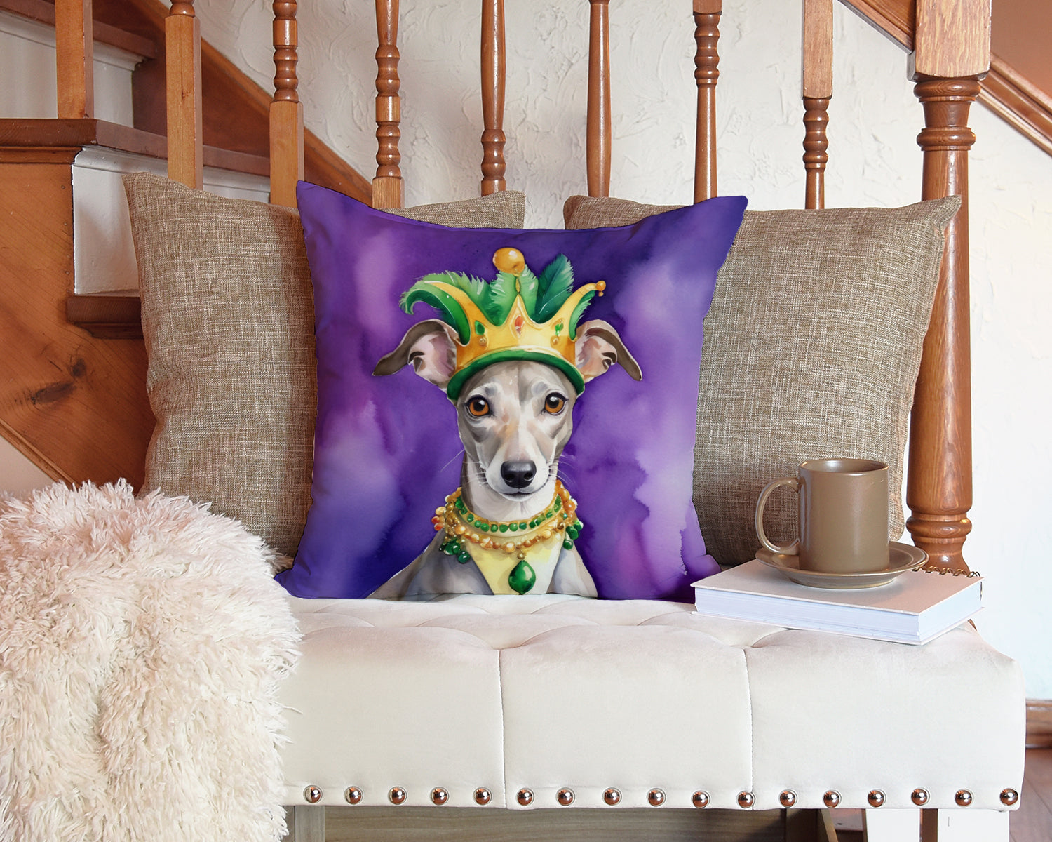 Whippet King of Mardi Gras Decorative Throw Pillow 14x14 Indoor Outdoor Accent Cushion, Fabric Cover with Insert for Sofa, Bed, Porch & Living Room