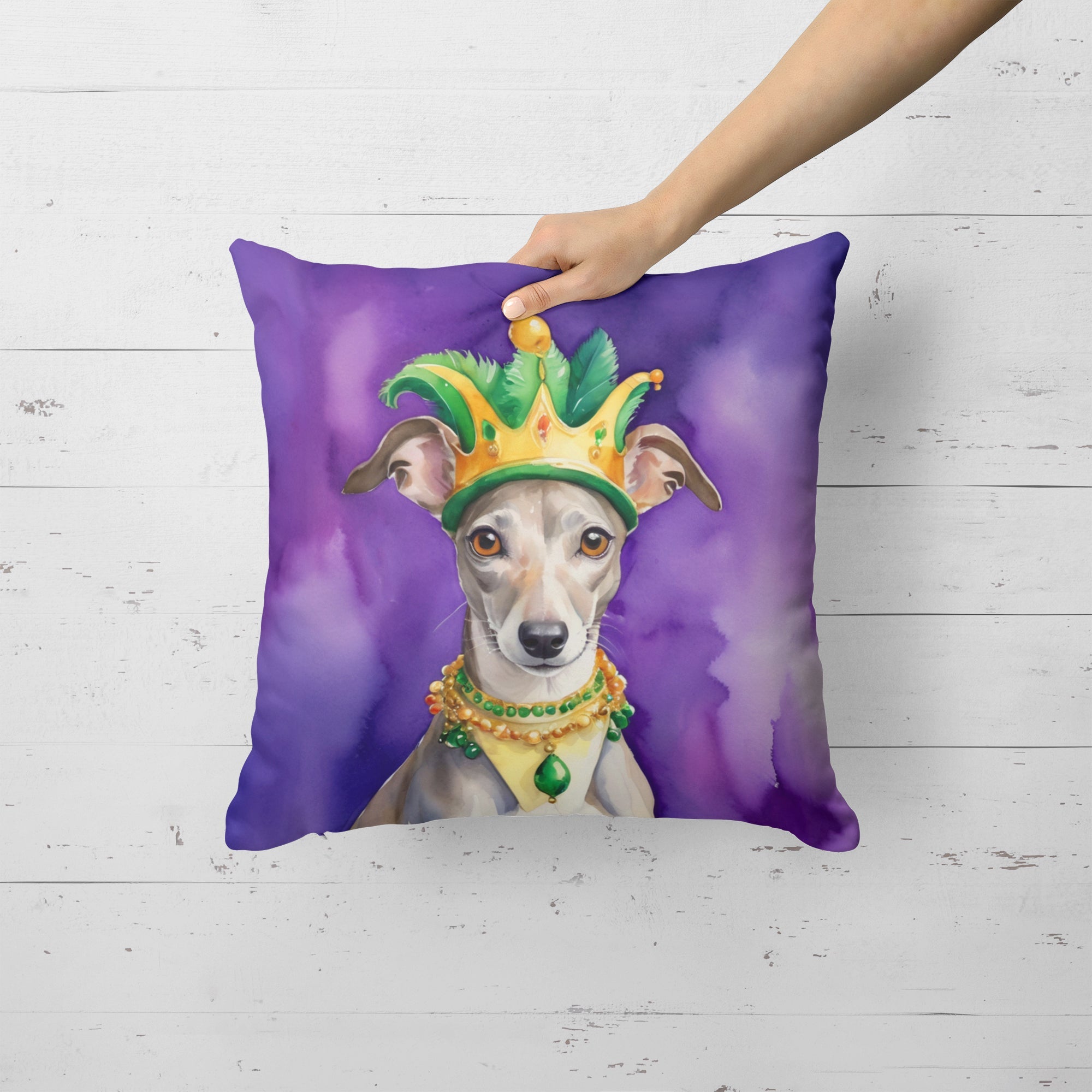 Whippet King of Mardi Gras Decorative Throw Pillow 18x18 Indoor Outdoor Accent Cushion, Fabric Cover with Insert for Sofa, Bed, Porch & Living Room