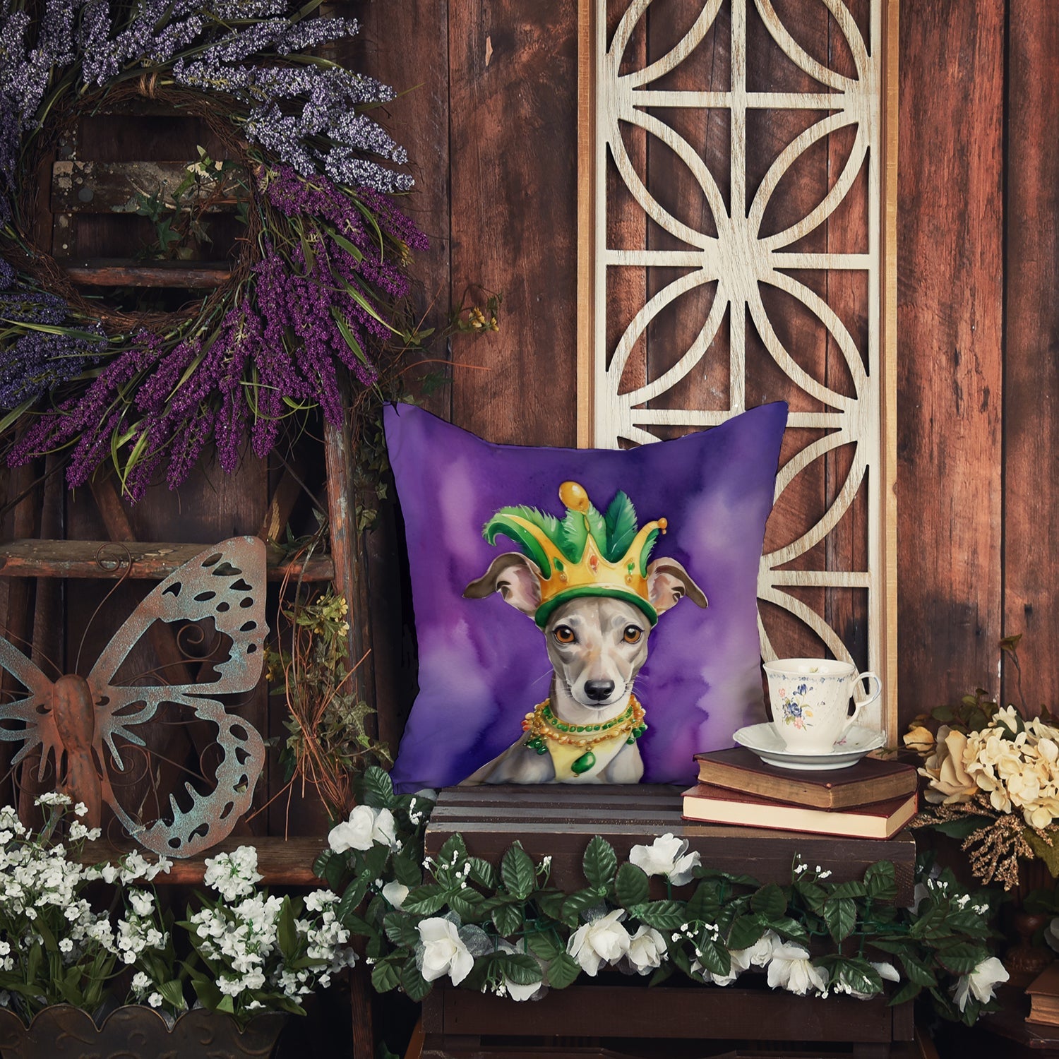 Whippet King of Mardi Gras Decorative Throw Pillow 18x18 Indoor Outdoor Accent Cushion, Fabric Cover with Insert for Sofa, Bed, Porch & Living Room