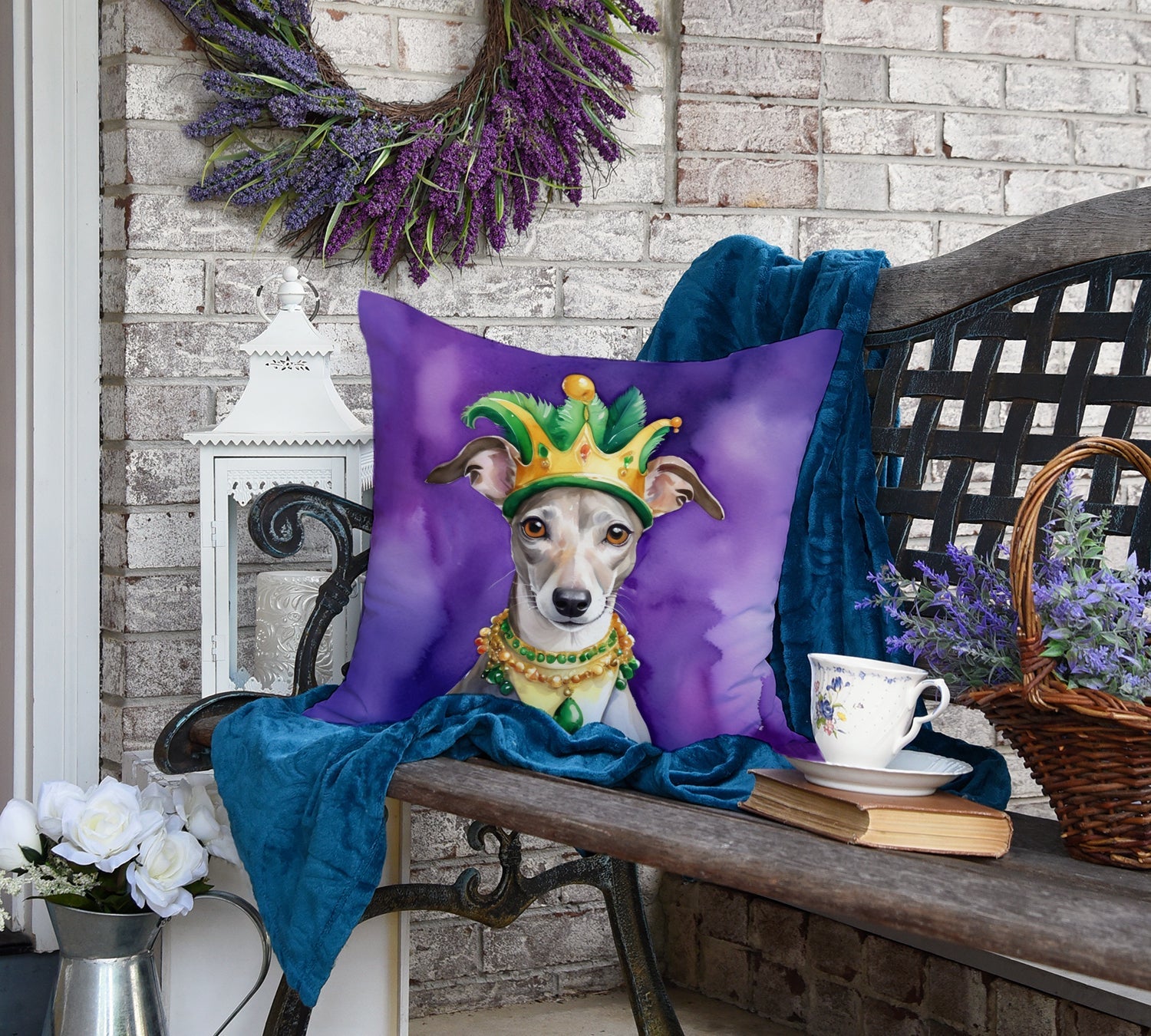 Whippet King of Mardi Gras Decorative Throw Pillow 18x18 Indoor Outdoor Accent Cushion, Fabric Cover with Insert for Sofa, Bed, Porch & Living Room