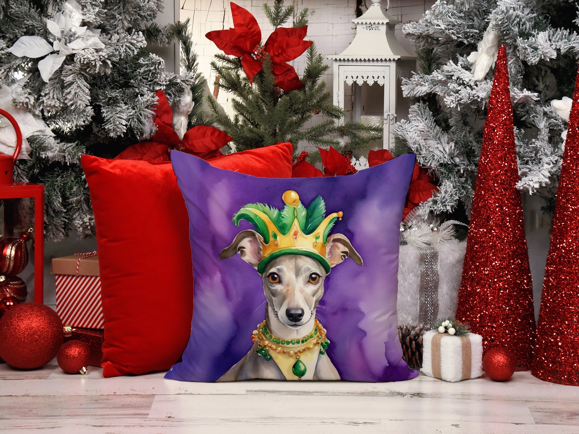 Whippet King of Mardi Gras Decorative Throw Pillow 18x18 Indoor Outdoor Accent Cushion, Fabric Cover with Insert for Sofa, Bed, Porch & Living Room