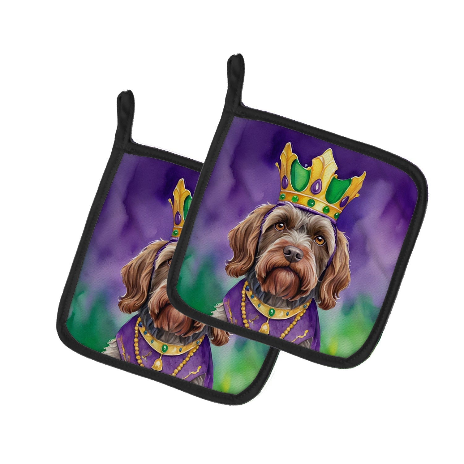 Wirehaired Pointing Griffon King of Mardi Gras Pot Holder Set of 2 Heat Resistant Quilted Hot Pads 7.5 x 7.5 Inch, Insulated Kitchen Trivets for Cooking & Baking