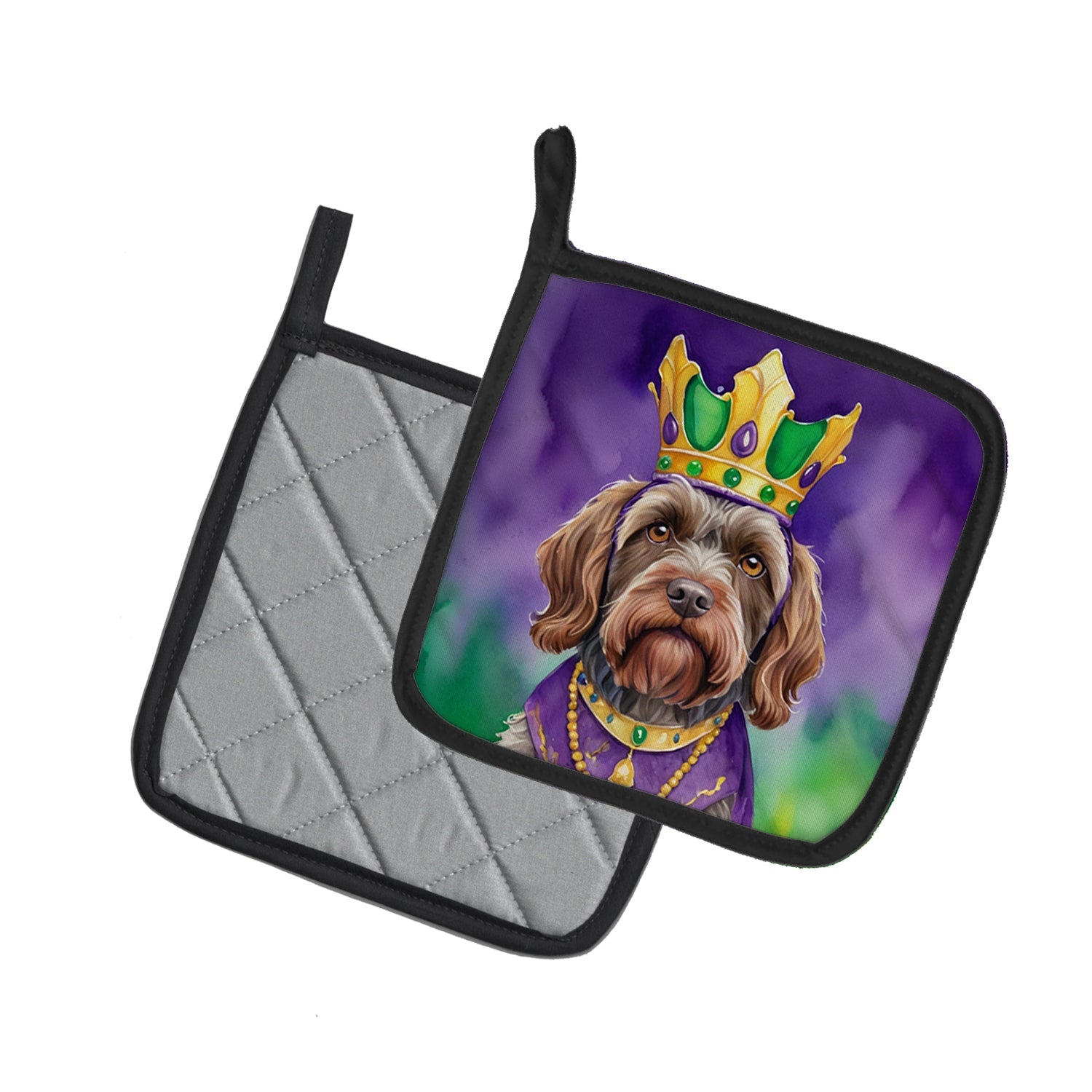 Wirehaired Pointing Griffon King of Mardi Gras Pot Holder Set of 2 Heat Resistant Quilted Hot Pads 7.5 x 7.5 Inch, Insulated Kitchen Trivets for Cooking & Baking