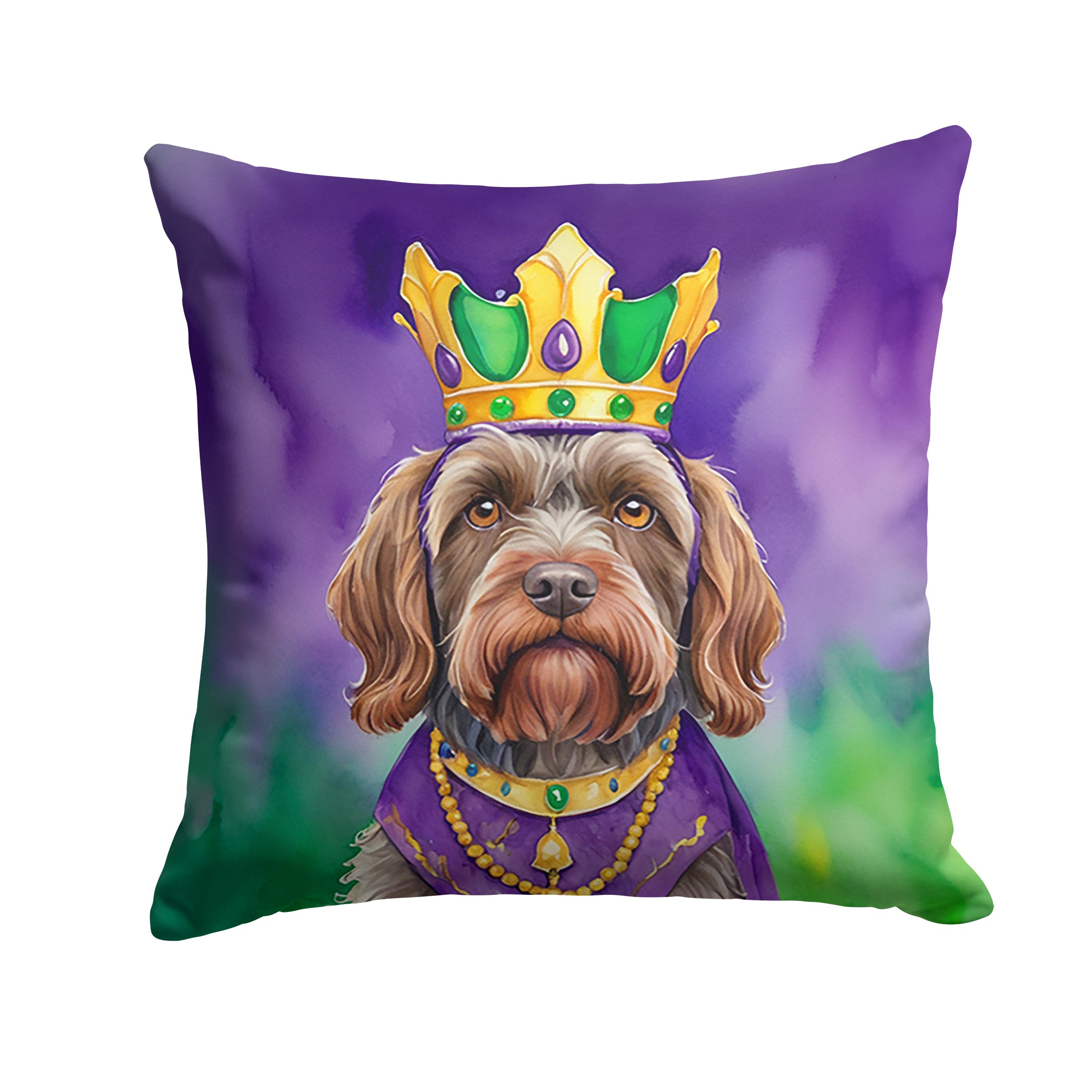 Wirehaired Pointing Griffon King of Mardi Gras Decorative Throw Pillow 14x14 Indoor Outdoor Accent Cushion, Fabric Cover with Insert for Sofa, Bed, Porch & Living Room