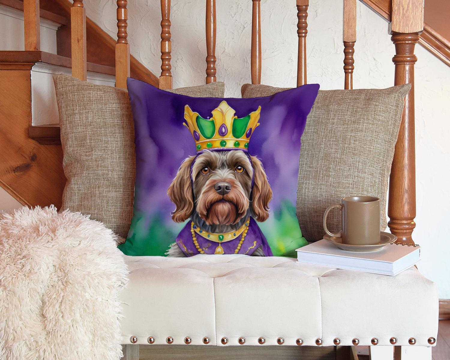Wirehaired Pointing Griffon King of Mardi Gras Decorative Throw Pillow 14x14 Indoor Outdoor Accent Cushion, Fabric Cover with Insert for Sofa, Bed, Porch & Living Room