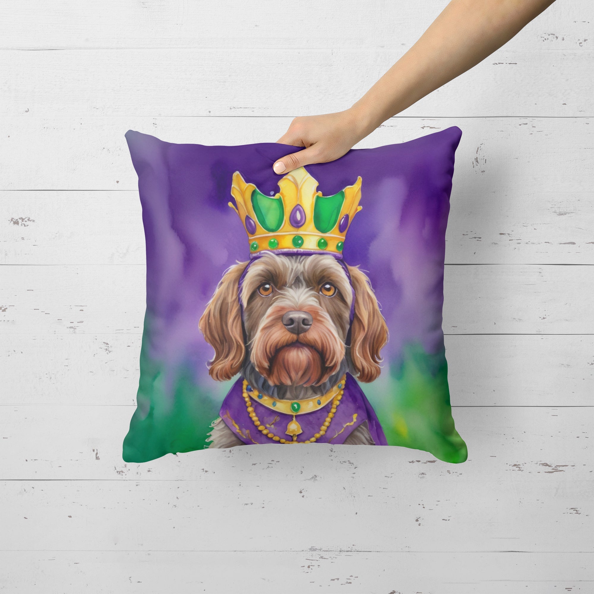 Wirehaired Pointing Griffon King of Mardi Gras Decorative Throw Pillow 18x18 Indoor Outdoor Accent Cushion, Fabric Cover with Insert for Sofa, Bed, Porch & Living Room