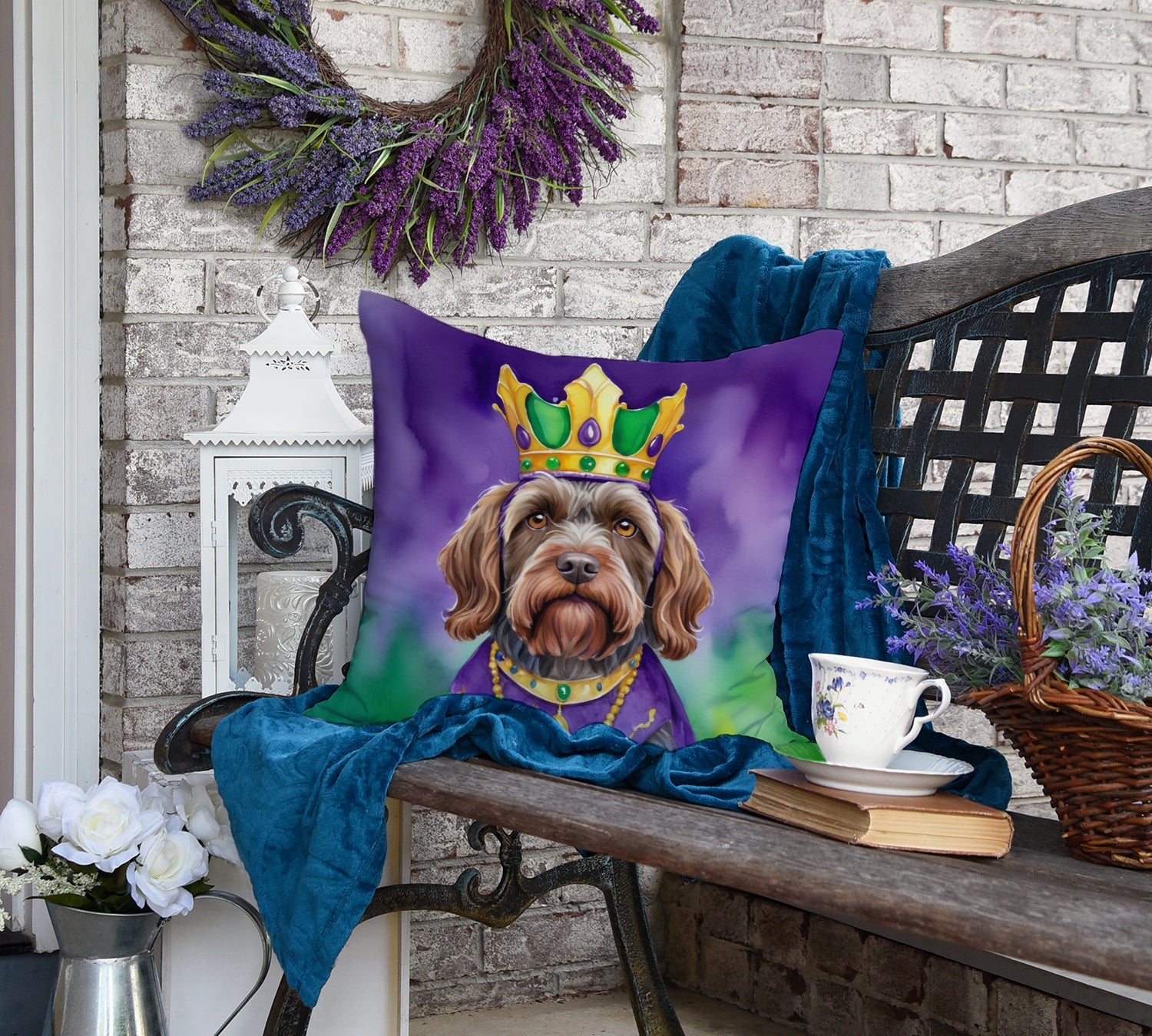 Wirehaired Pointing Griffon King of Mardi Gras Decorative Throw Pillow 18x18 Indoor Outdoor Accent Cushion, Fabric Cover with Insert for Sofa, Bed, Porch & Living Room