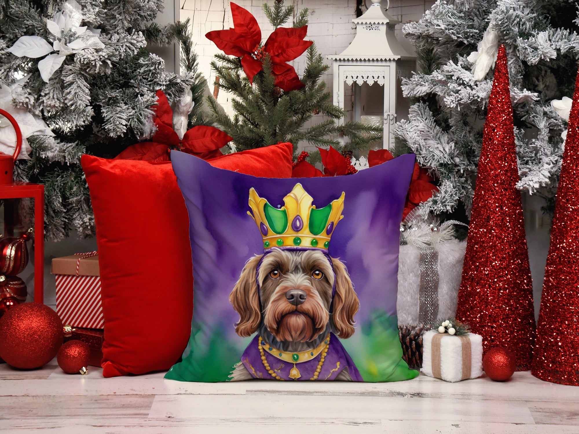 Wirehaired Pointing Griffon King of Mardi Gras Decorative Throw Pillow 18x18 Indoor Outdoor Accent Cushion, Fabric Cover with Insert for Sofa, Bed, Porch & Living Room