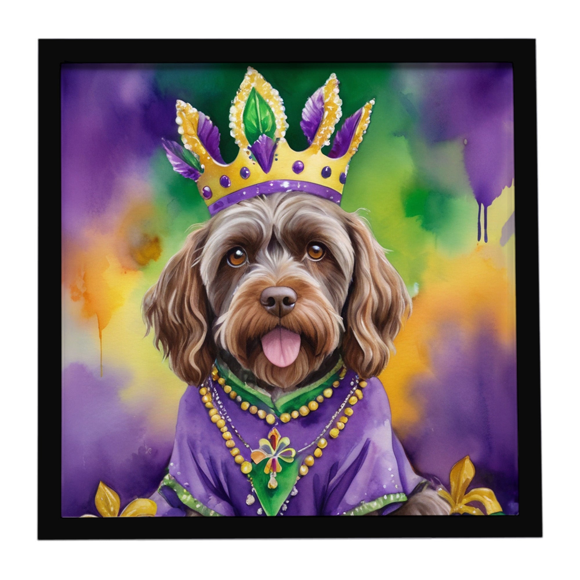 Wirehaired Pointing Griffon King of Mardi Gras Framed Metal Print Bathroom, Kitchen, Office, Home Decor Wall Art Ready to Hang, Square, 8X8