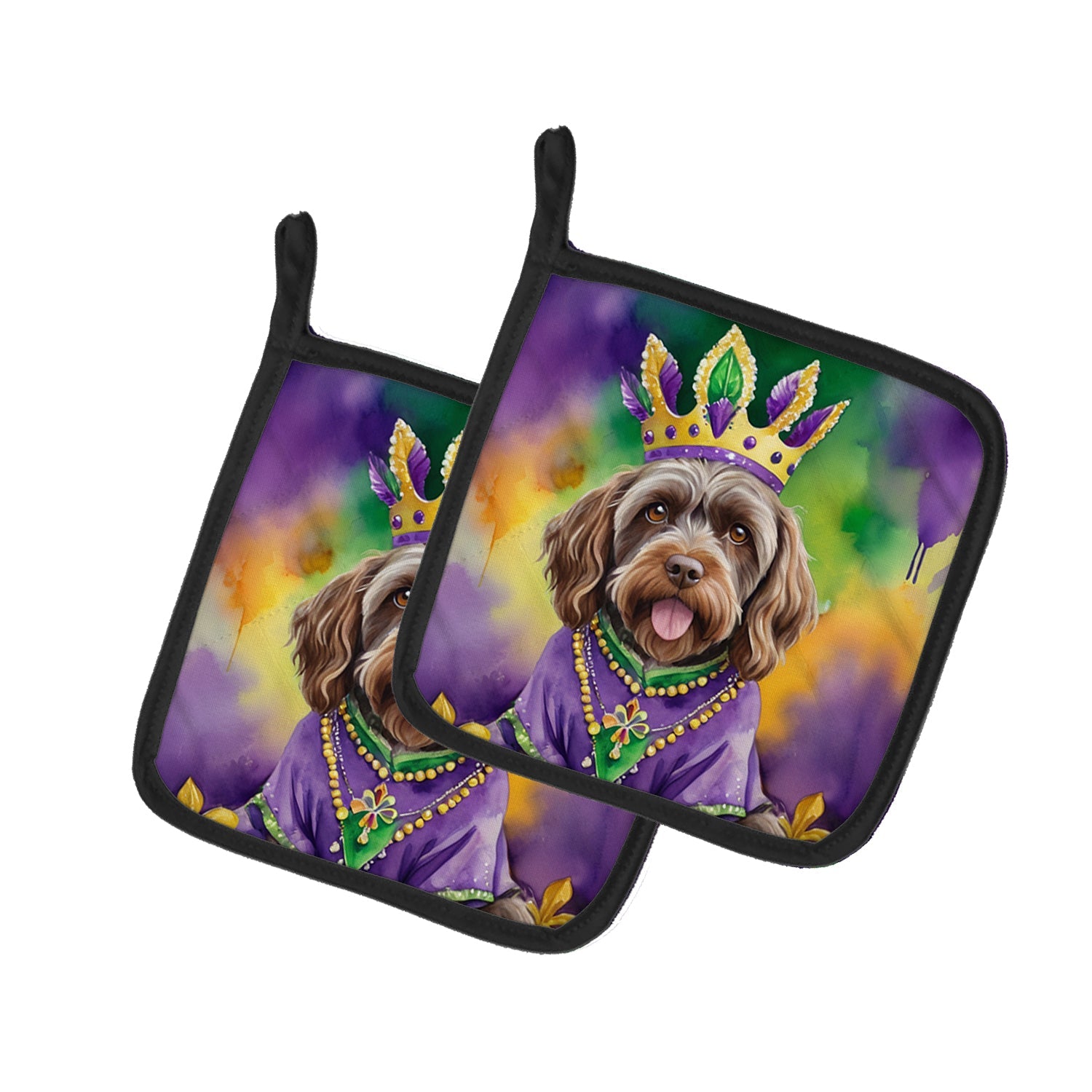 Wirehaired Pointing Griffon King of Mardi Gras Pot Holder Set of 2 Heat Resistant Quilted Hot Pads 7.5 x 7.5 Inch, Insulated Kitchen Trivets for Cooking & Baking