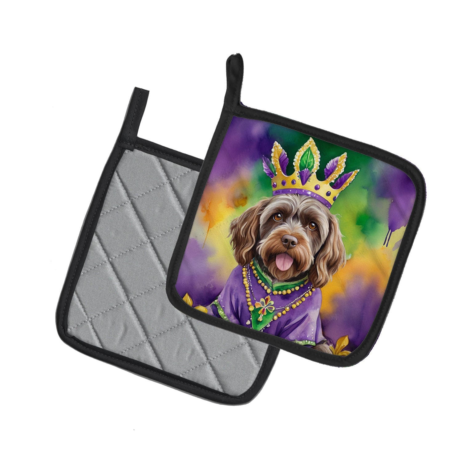 Wirehaired Pointing Griffon King of Mardi Gras Pot Holder Set of 2 Heat Resistant Quilted Hot Pads 7.5 x 7.5 Inch, Insulated Kitchen Trivets for Cooking & Baking