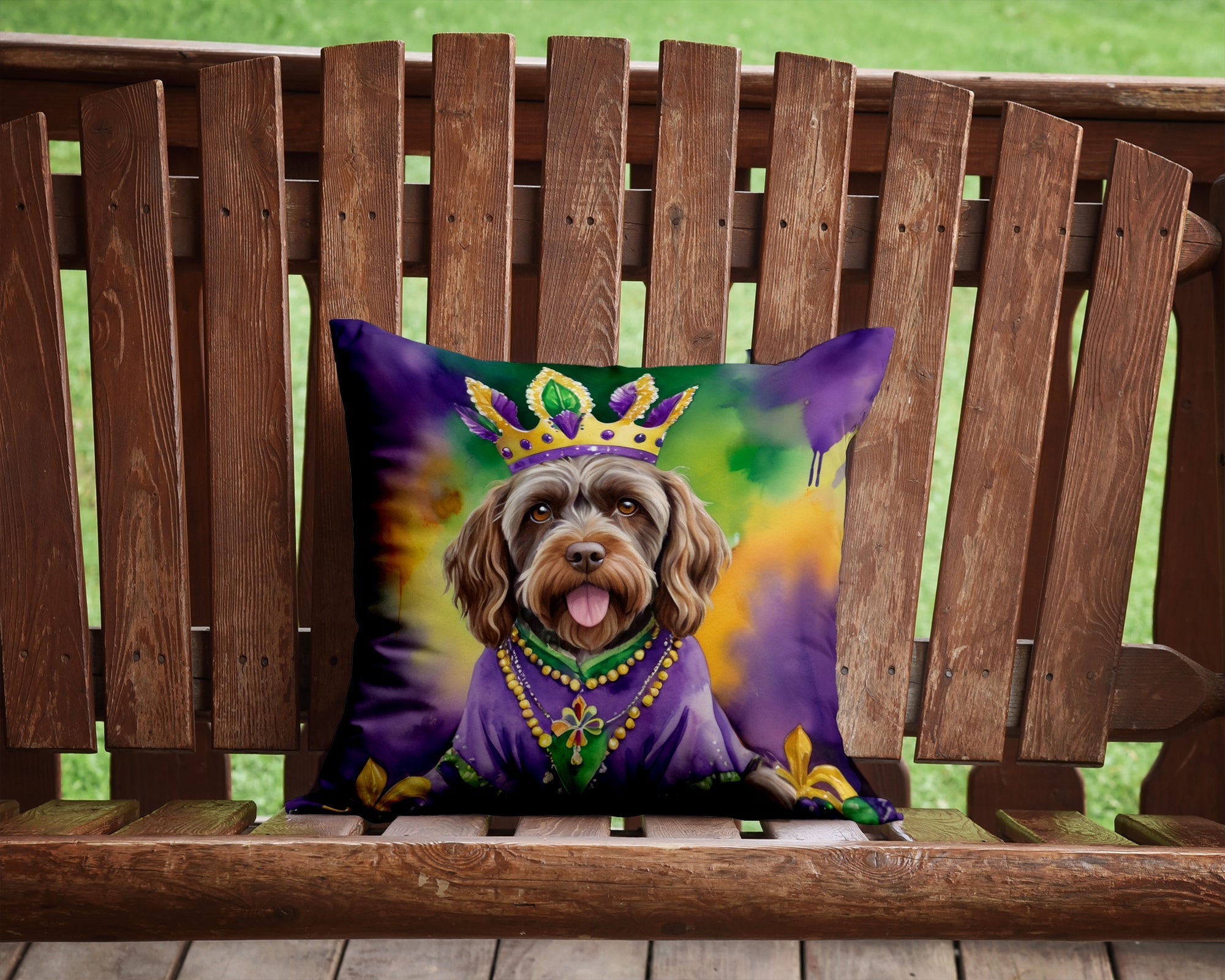 Wirehaired Pointing Griffon King of Mardi Gras Decorative Throw Pillow 14x14 Indoor Outdoor Accent Cushion, Fabric Cover with Insert for Sofa, Bed, Porch & Living Room