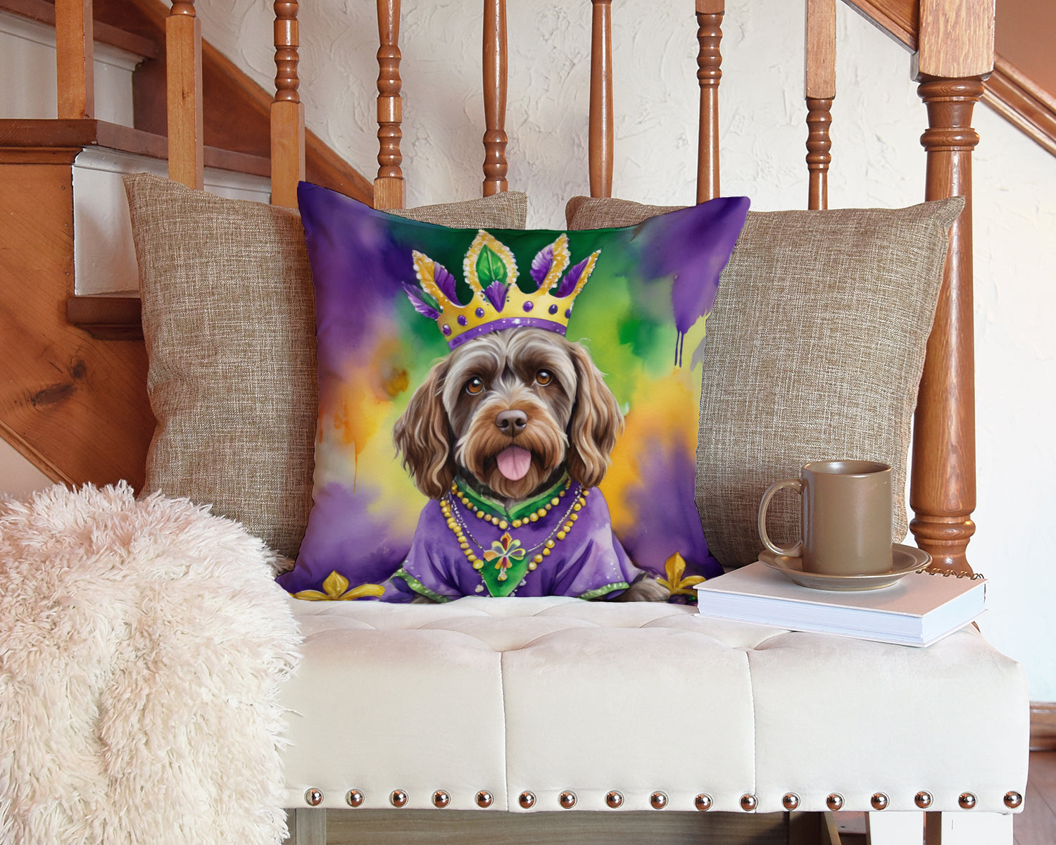 Wirehaired Pointing Griffon King of Mardi Gras Decorative Throw Pillow 14x14 Indoor Outdoor Accent Cushion, Fabric Cover with Insert for Sofa, Bed, Porch & Living Room