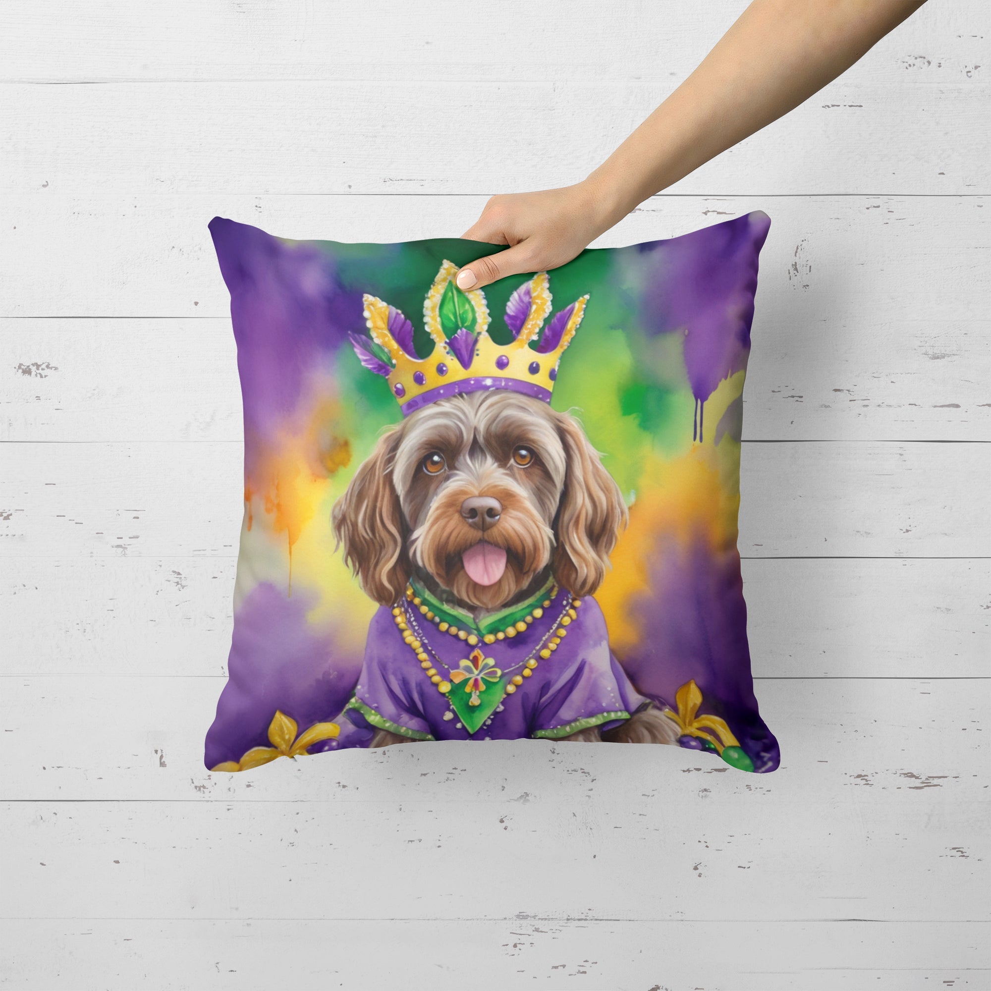 Wirehaired Pointing Griffon King of Mardi Gras Decorative Throw Pillow 18x18 Indoor Outdoor Accent Cushion, Fabric Cover with Insert for Sofa, Bed, Porch & Living Room