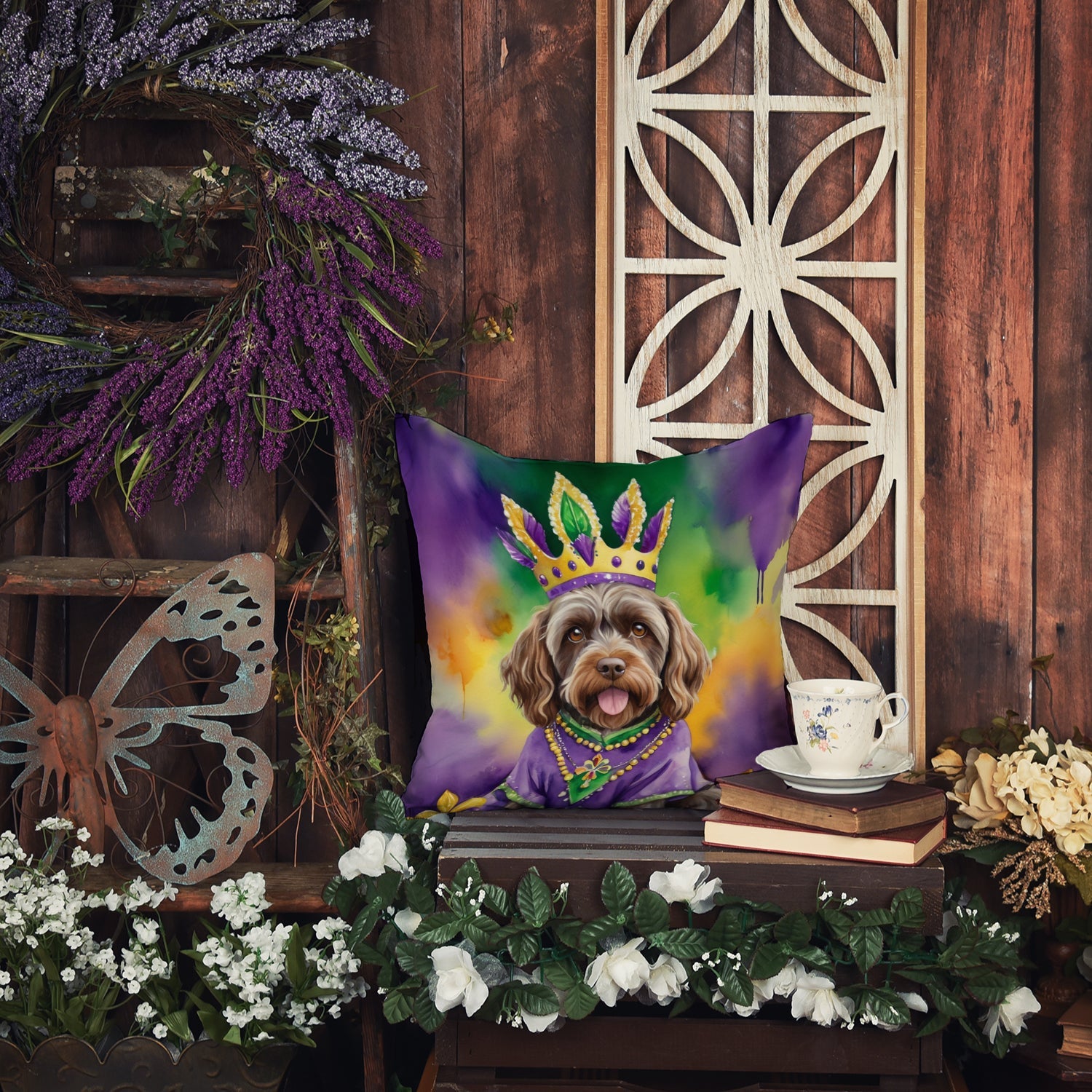 Wirehaired Pointing Griffon King of Mardi Gras Decorative Throw Pillow 18x18 Indoor Outdoor Accent Cushion, Fabric Cover with Insert for Sofa, Bed, Porch & Living Room