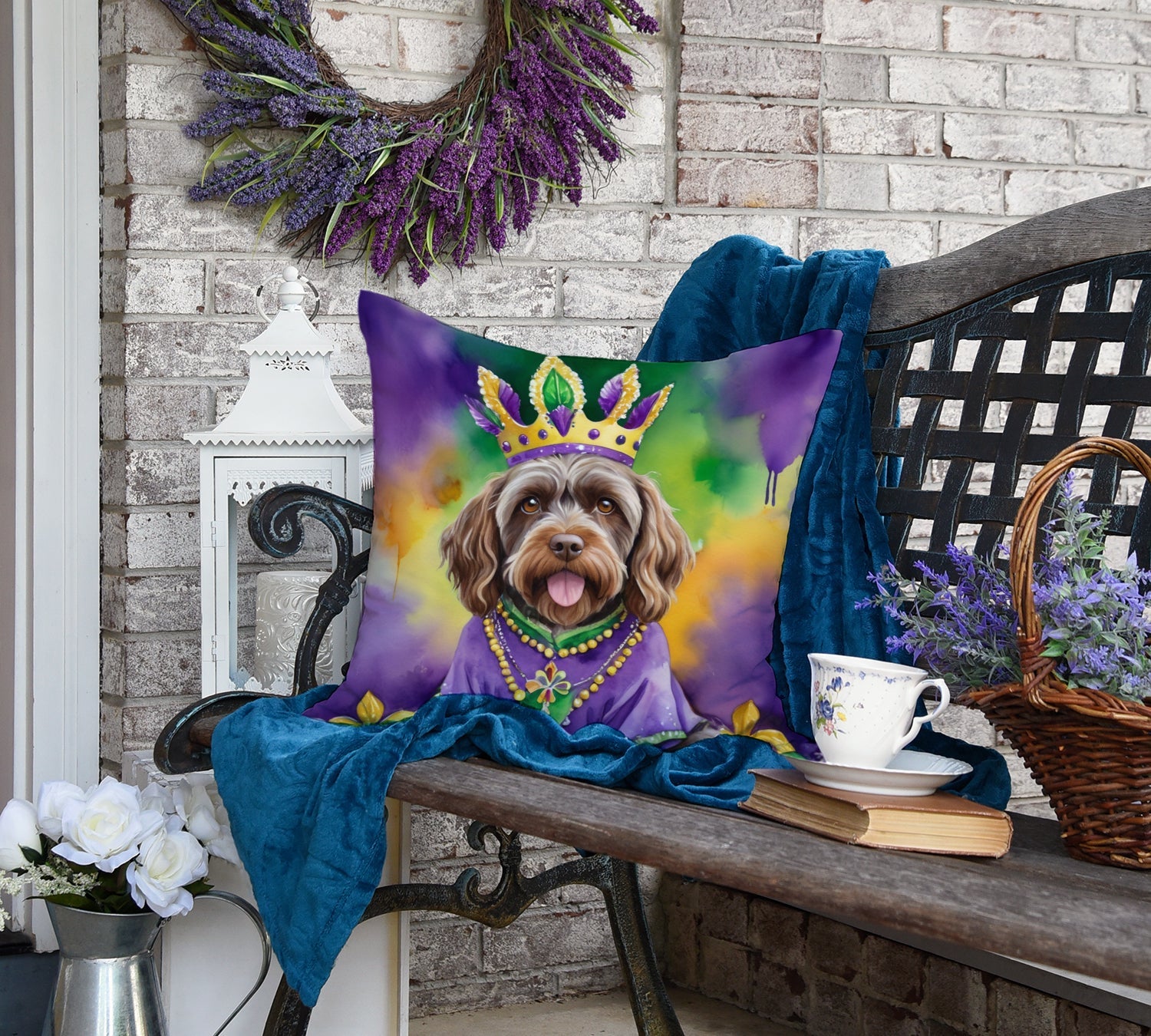 Wirehaired Pointing Griffon King of Mardi Gras Decorative Throw Pillow 18x18 Indoor Outdoor Accent Cushion, Fabric Cover with Insert for Sofa, Bed, Porch & Living Room