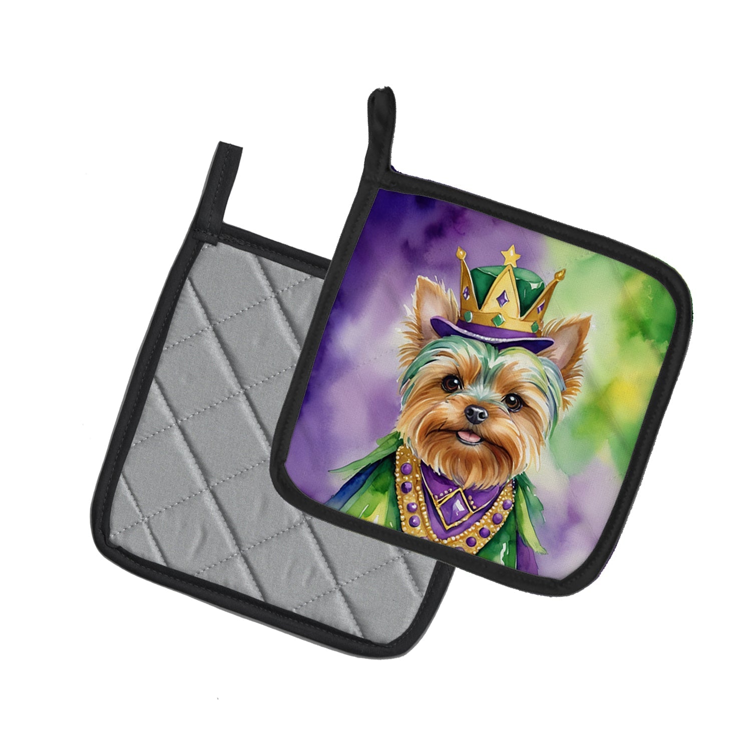 Yorkshire Terrier King of Mardi Gras Pot Holder Set of 2 Heat Resistant Quilted Hot Pads 7.5 x 7.5 Inch, Insulated Kitchen Trivets for Cooking & Baking
