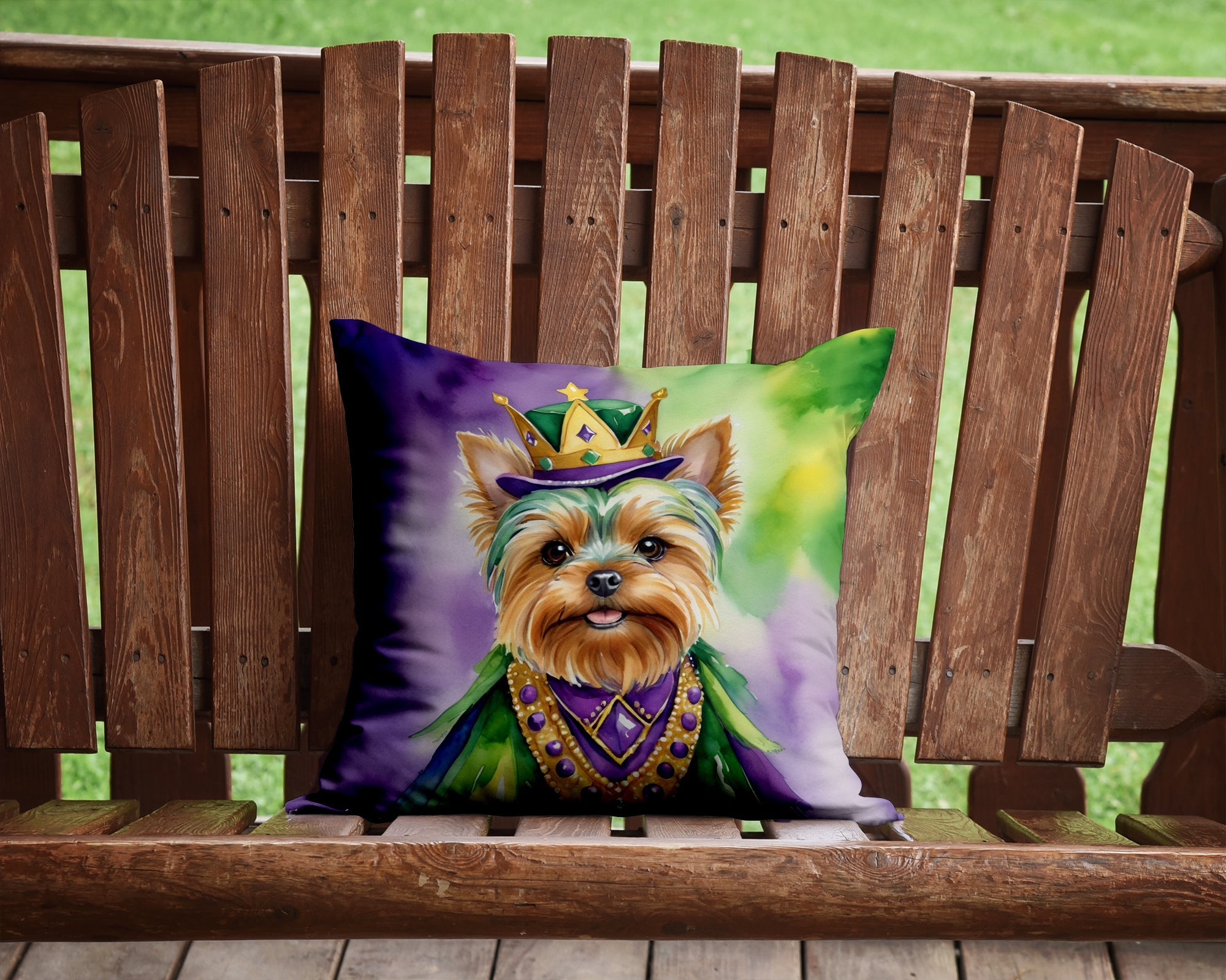 Yorkshire Terrier King of Mardi Gras Decorative Throw Pillow 14x14 Indoor Outdoor Accent Cushion, Fabric Cover with Insert for Sofa, Bed, Porch & Living Room
