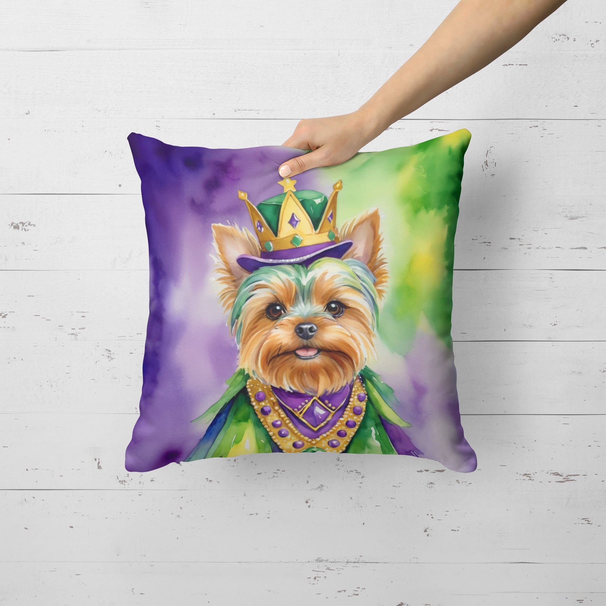 Yorkshire Terrier King of Mardi Gras Decorative Throw Pillow 18x18 Indoor Outdoor Accent Cushion, Fabric Cover with Insert for Sofa, Bed, Porch & Living Room