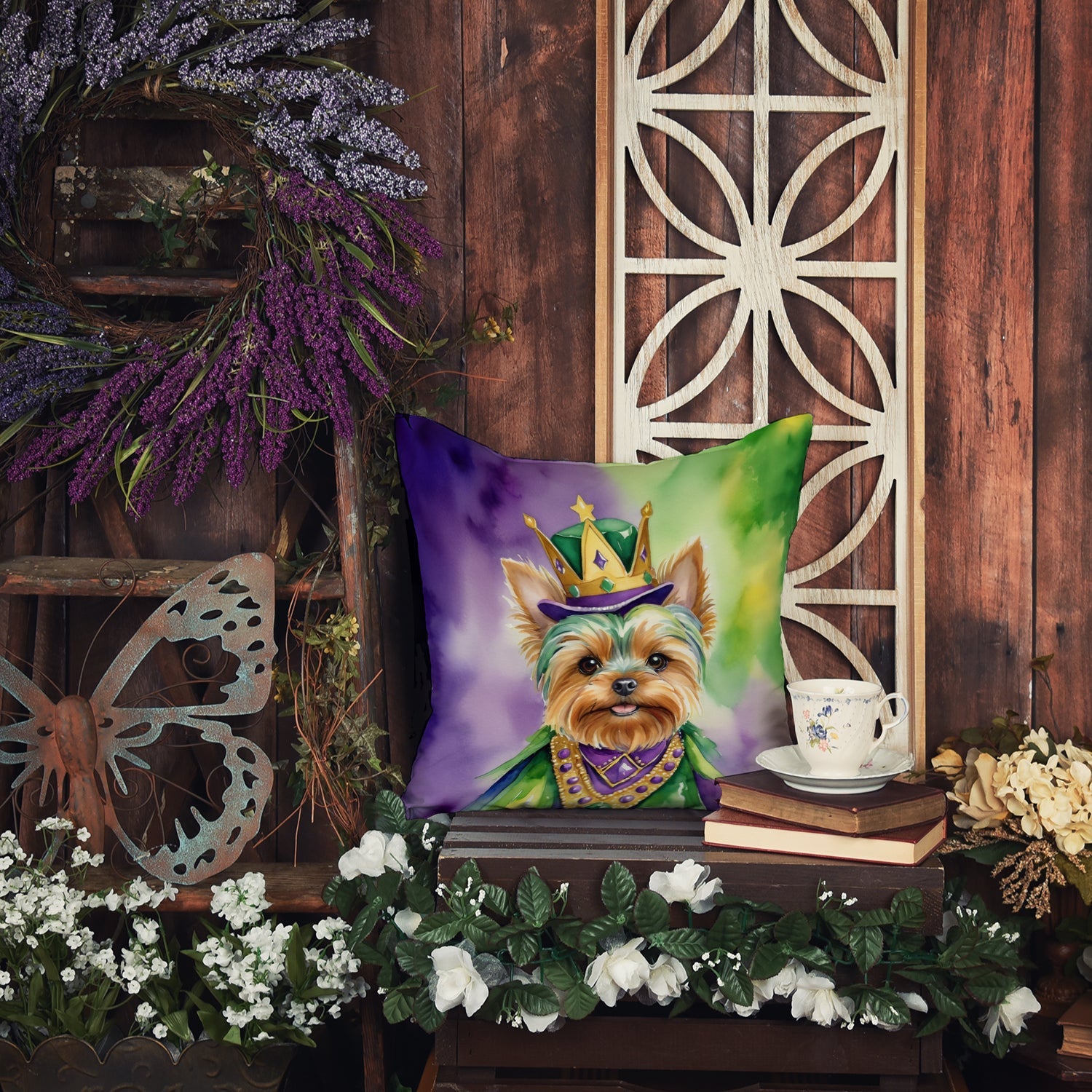 Yorkshire Terrier King of Mardi Gras Decorative Throw Pillow 18x18 Indoor Outdoor Accent Cushion, Fabric Cover with Insert for Sofa, Bed, Porch & Living Room
