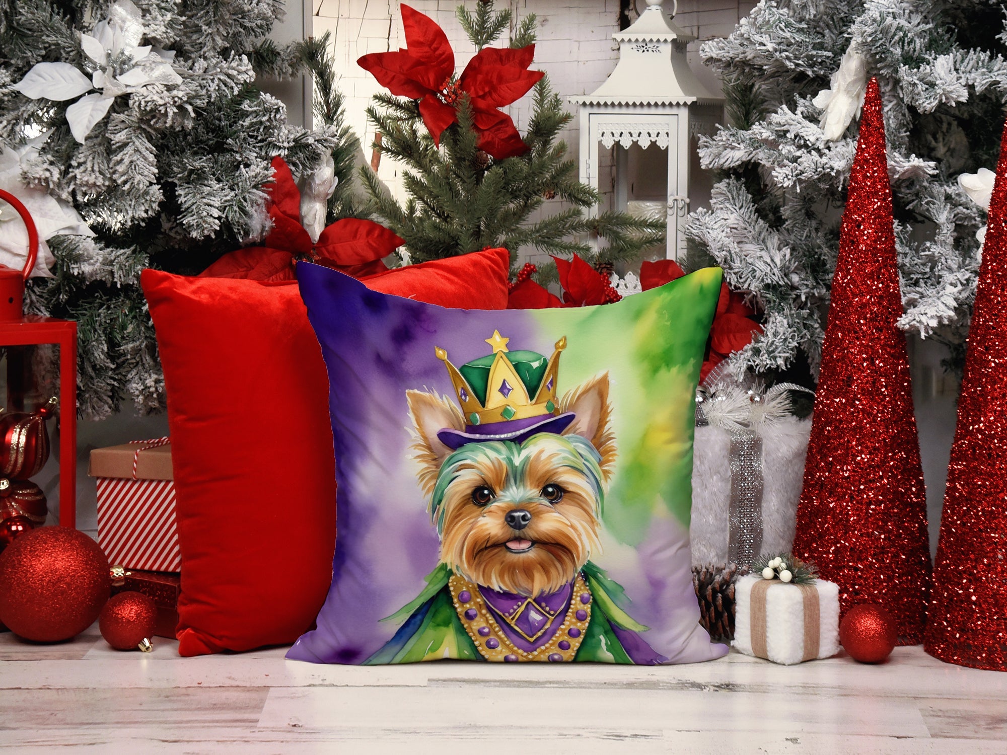 Yorkshire Terrier King of Mardi Gras Decorative Throw Pillow 18x18 Indoor Outdoor Accent Cushion, Fabric Cover with Insert for Sofa, Bed, Porch & Living Room