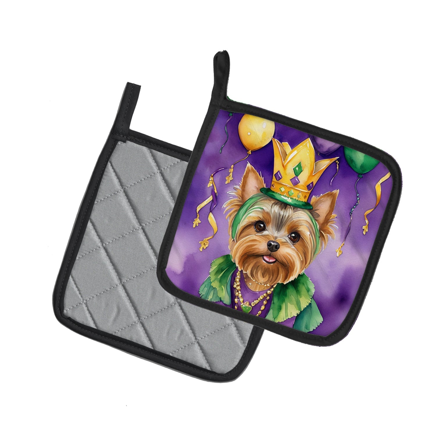 Yorkshire Terrier King of Mardi Gras Pot Holder Set of 2 Heat Resistant Quilted Hot Pads 7.5 x 7.5 Inch, Insulated Kitchen Trivets for Cooking & Baking