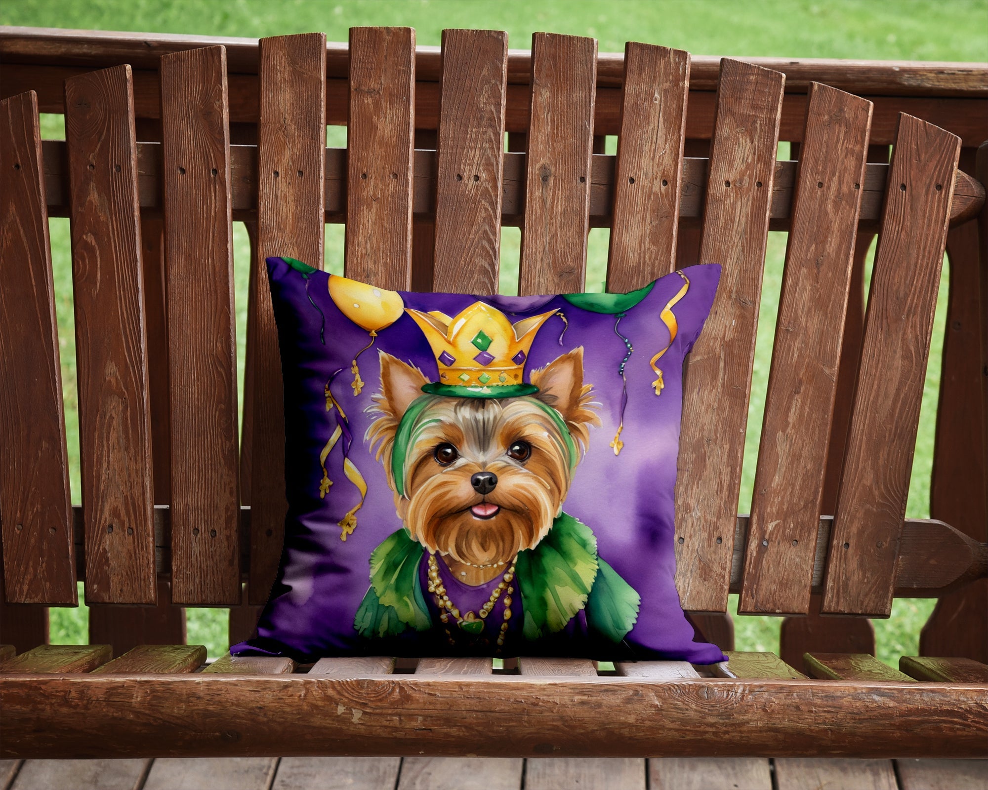 Yorkshire Terrier King of Mardi Gras Decorative Throw Pillow 14x14 Indoor Outdoor Accent Cushion, Fabric Cover with Insert for Sofa, Bed, Porch & Living Room