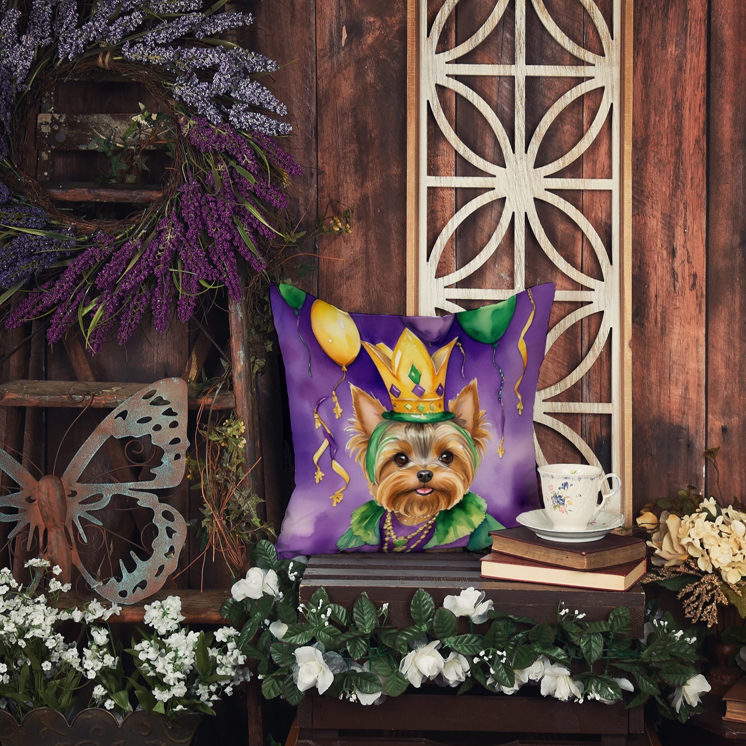 Yorkshire Terrier King of Mardi Gras Decorative Throw Pillow 14x14 Indoor Outdoor Accent Cushion, Fabric Cover with Insert for Sofa, Bed, Porch & Living Room