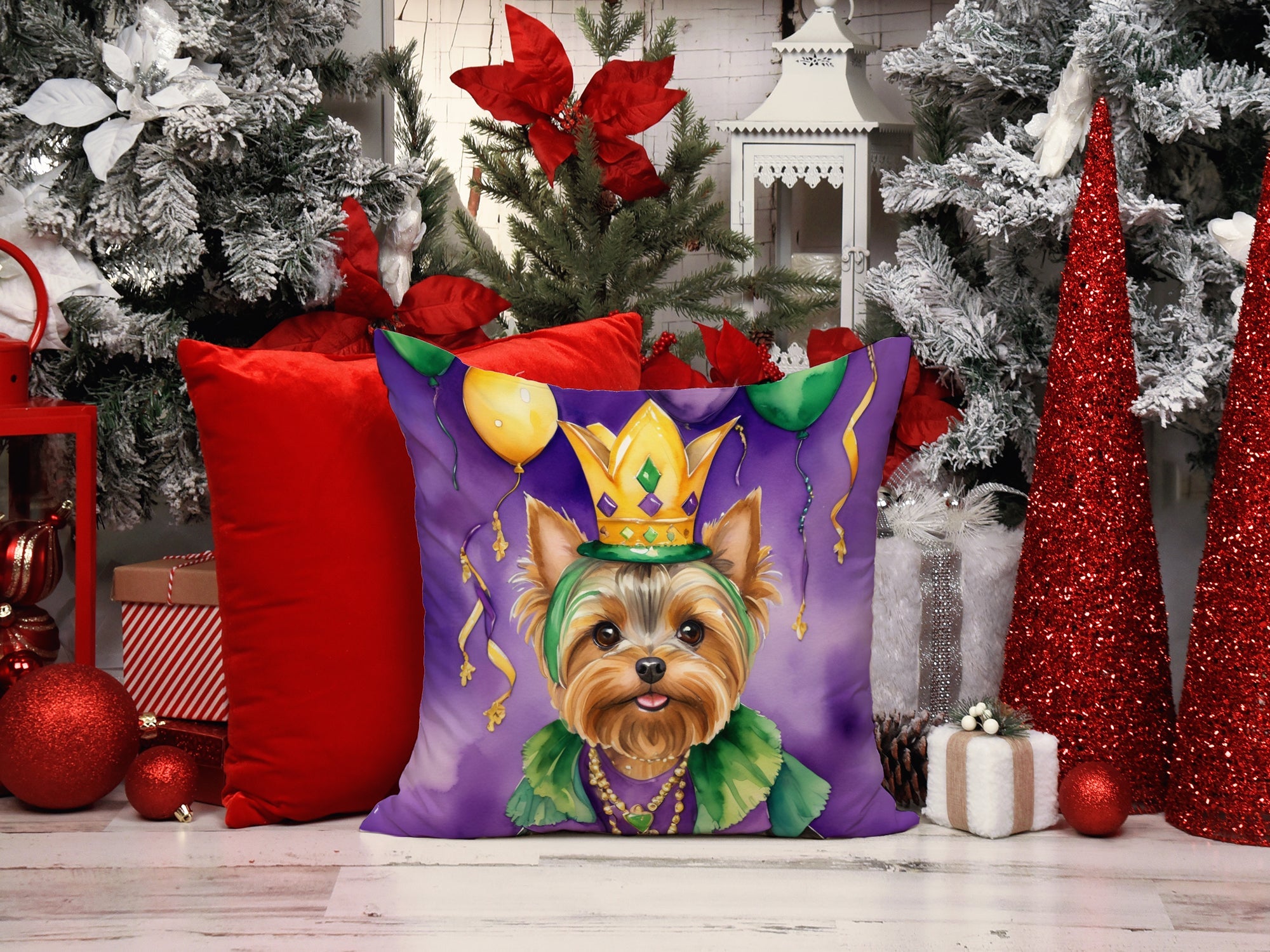 Yorkshire Terrier King of Mardi Gras Decorative Throw Pillow 14x14 Indoor Outdoor Accent Cushion, Fabric Cover with Insert for Sofa, Bed, Porch & Living Room