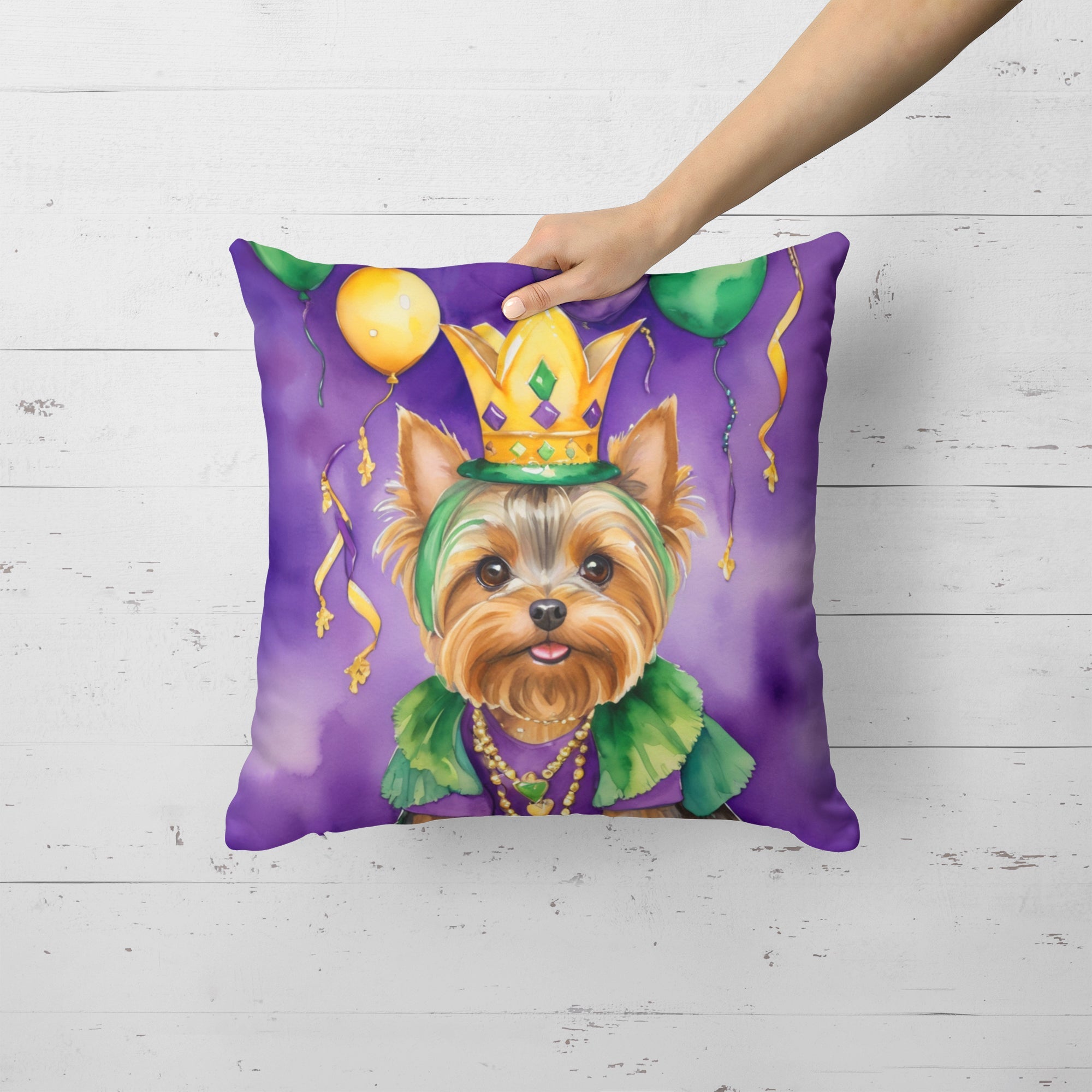 Yorkshire Terrier King of Mardi Gras Decorative Throw Pillow 18x18 Indoor Outdoor Accent Cushion, Fabric Cover with Insert for Sofa, Bed, Porch & Living Room