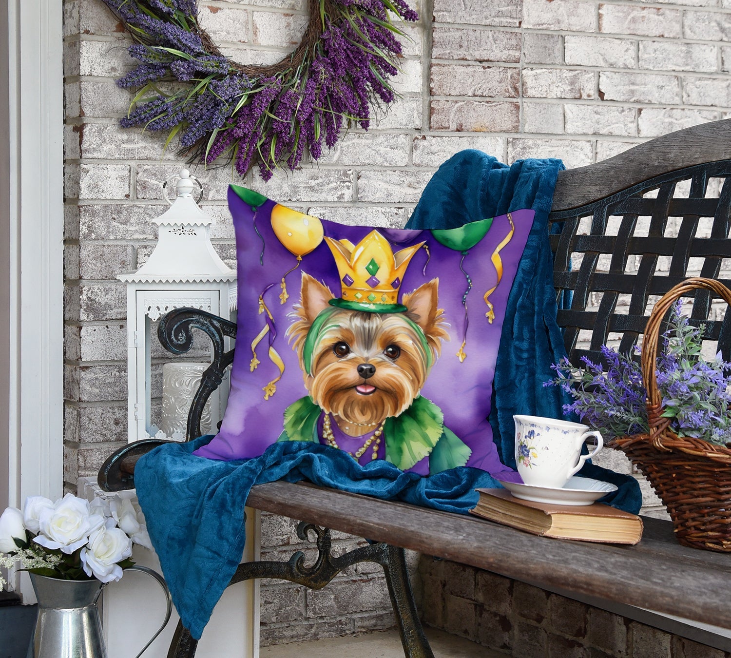 Yorkshire Terrier King of Mardi Gras Decorative Throw Pillow 18x18 Indoor Outdoor Accent Cushion, Fabric Cover with Insert for Sofa, Bed, Porch & Living Room
