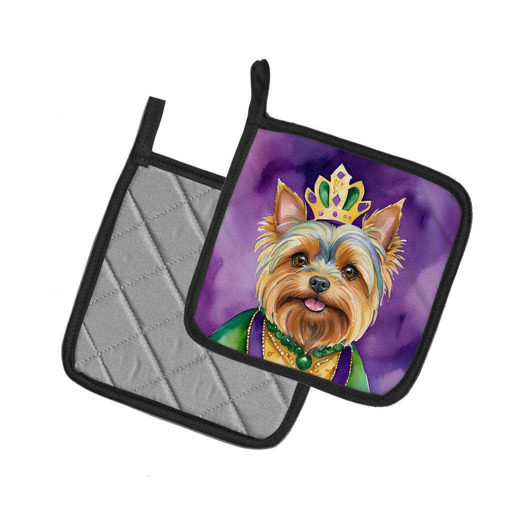 Yorkshire Terrier King of Mardi Gras Pot Holder Set of 2 Heat Resistant Quilted Hot Pads 7.5 x 7.5 Inch, Insulated Kitchen Trivets for Cooking & Baking